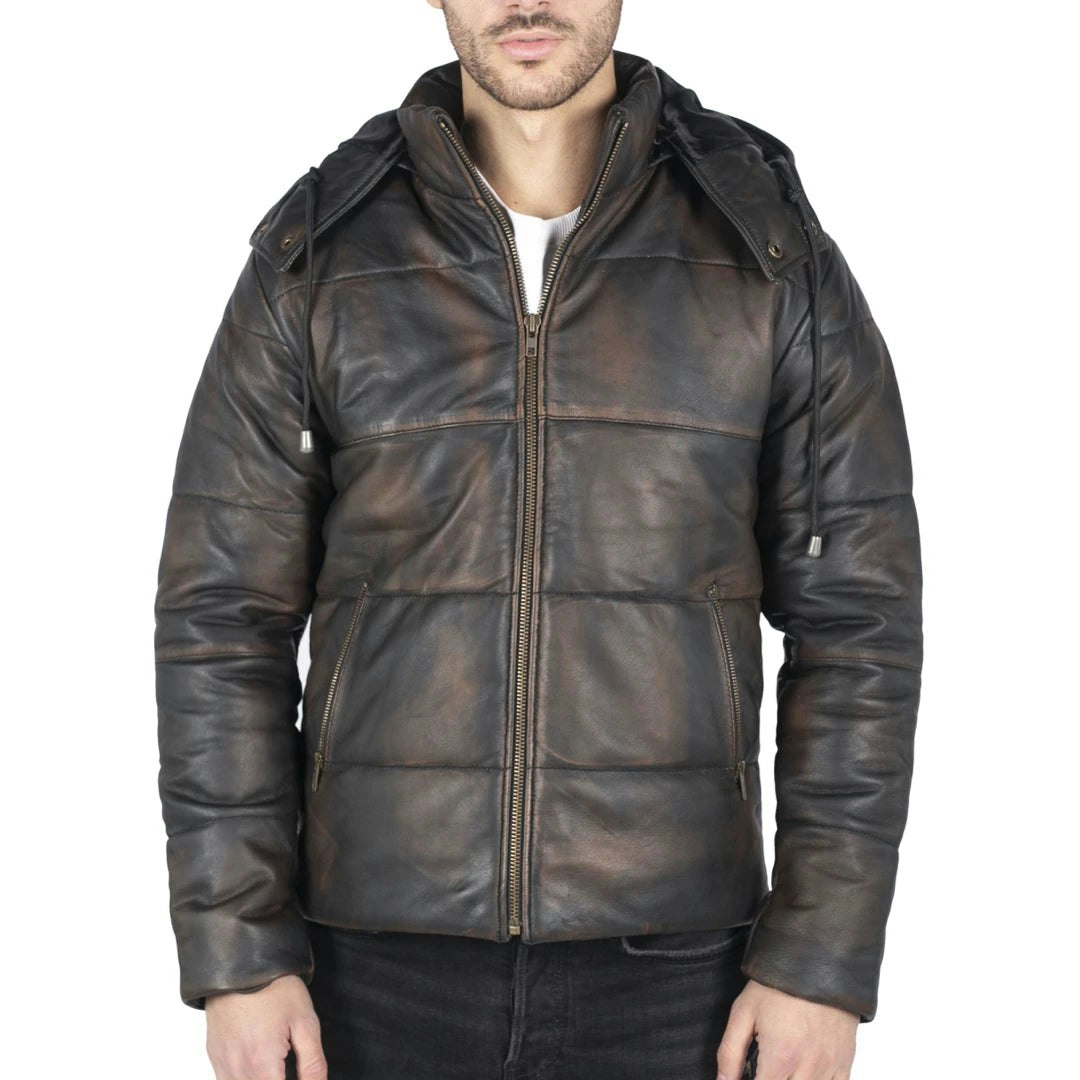 Infinity Leather Men's Black/Brown Leather Company Puffer Hood Jacket Leather 80S Classic - Small