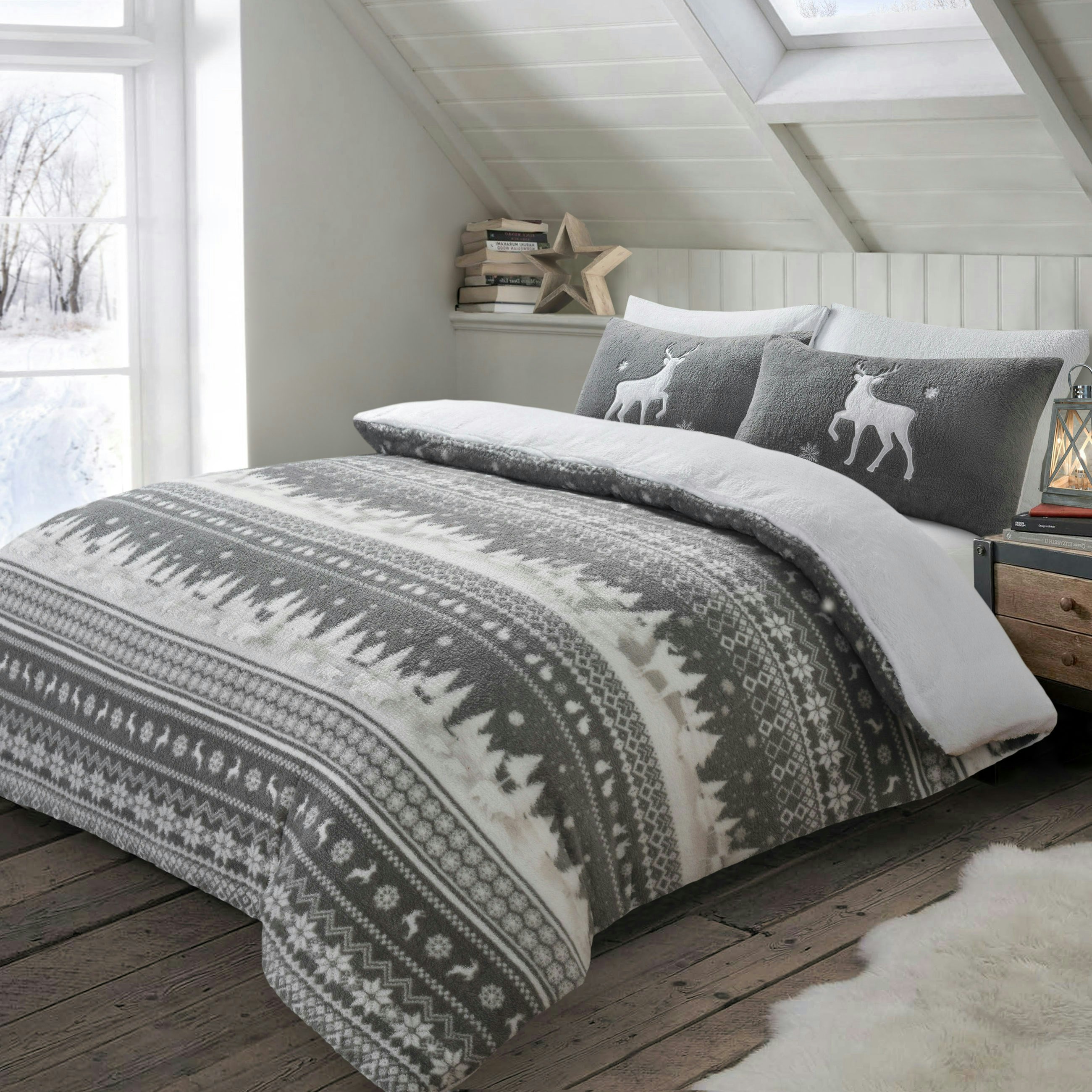 Rackhams Grey Nordic Teddy Fluffy And Warm Fleece Duvet Cover Set - King