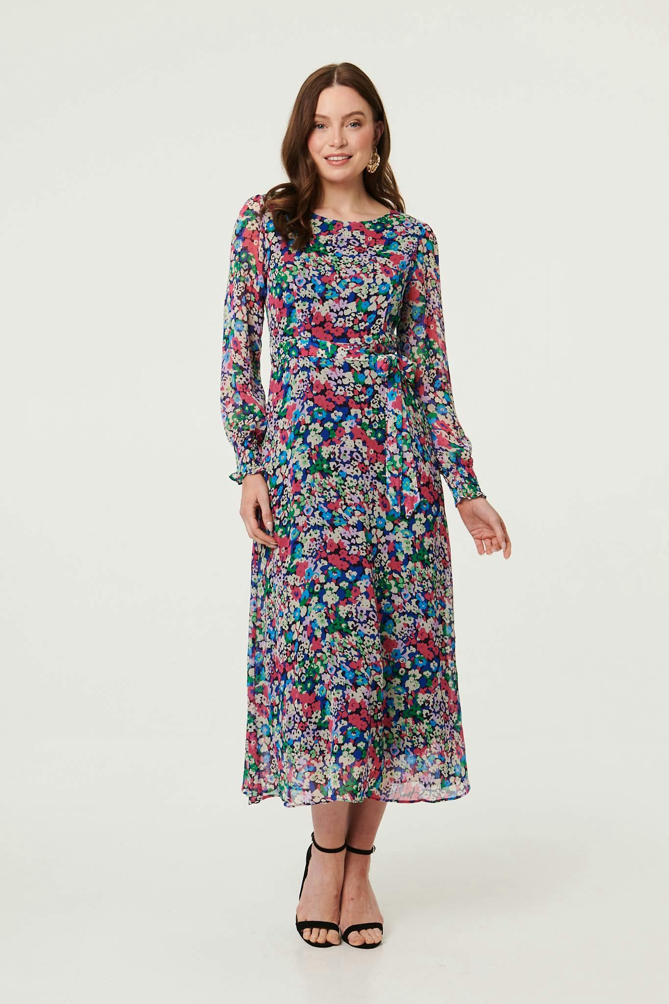 Izabel London Blue Ditsy Floral Layer Tie Waist Maxi Dress - 10