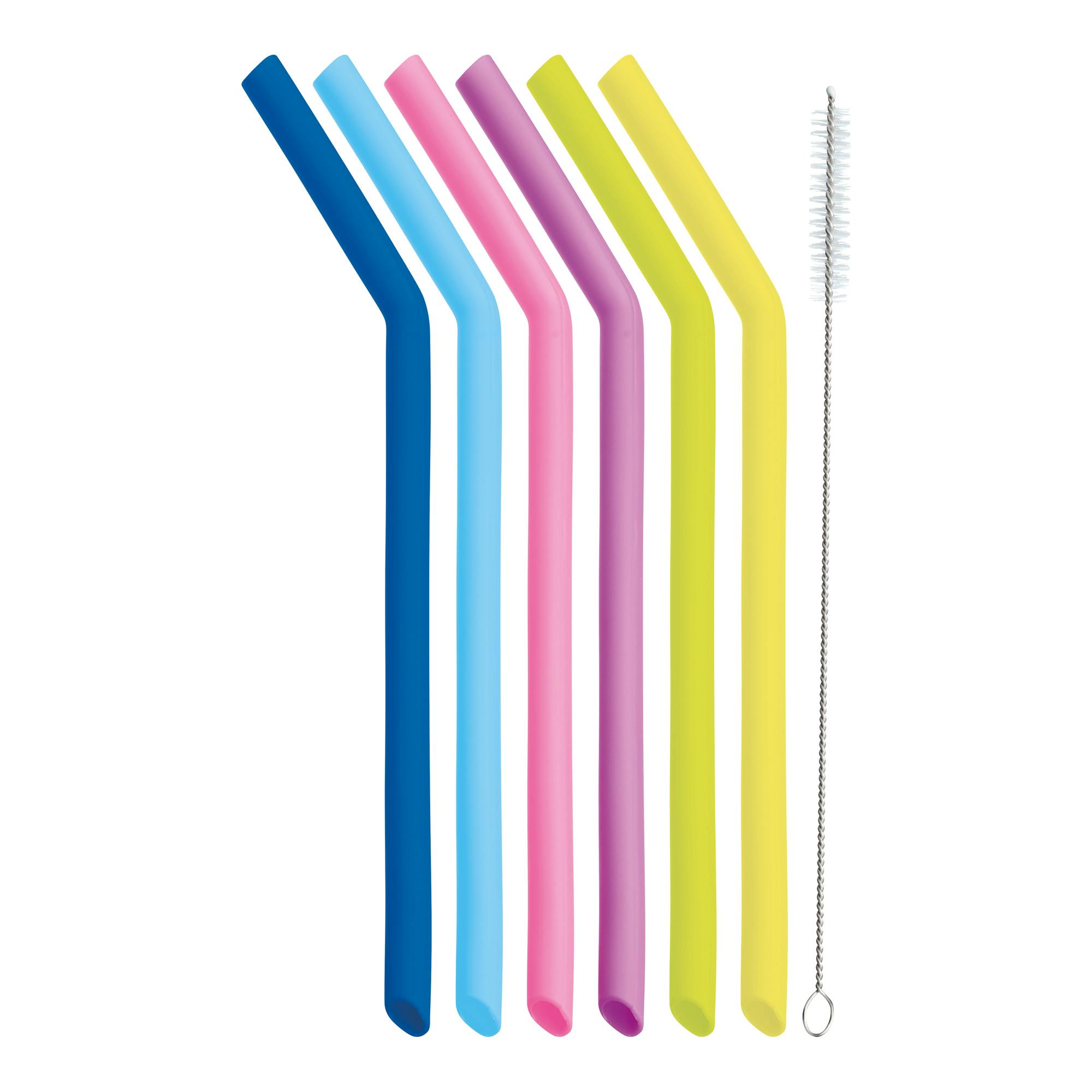 Rackhams Set Of Six Silicone Straws With Cleaning Brush - Multicolour - Silicone - Reusable Straws