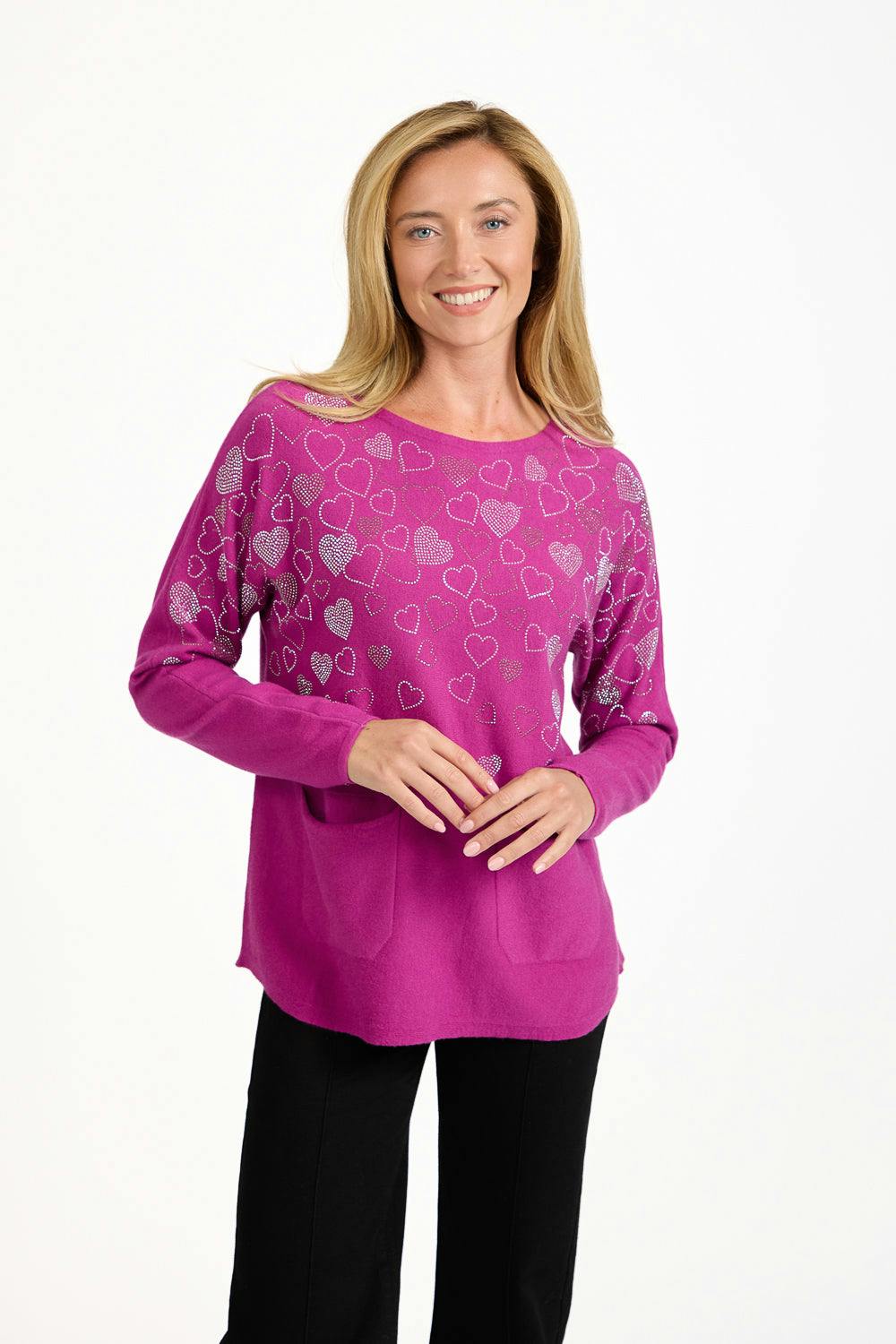 Mudflower Purple Heart Diamanté Embellished Batwing Pocket Jumper - 14