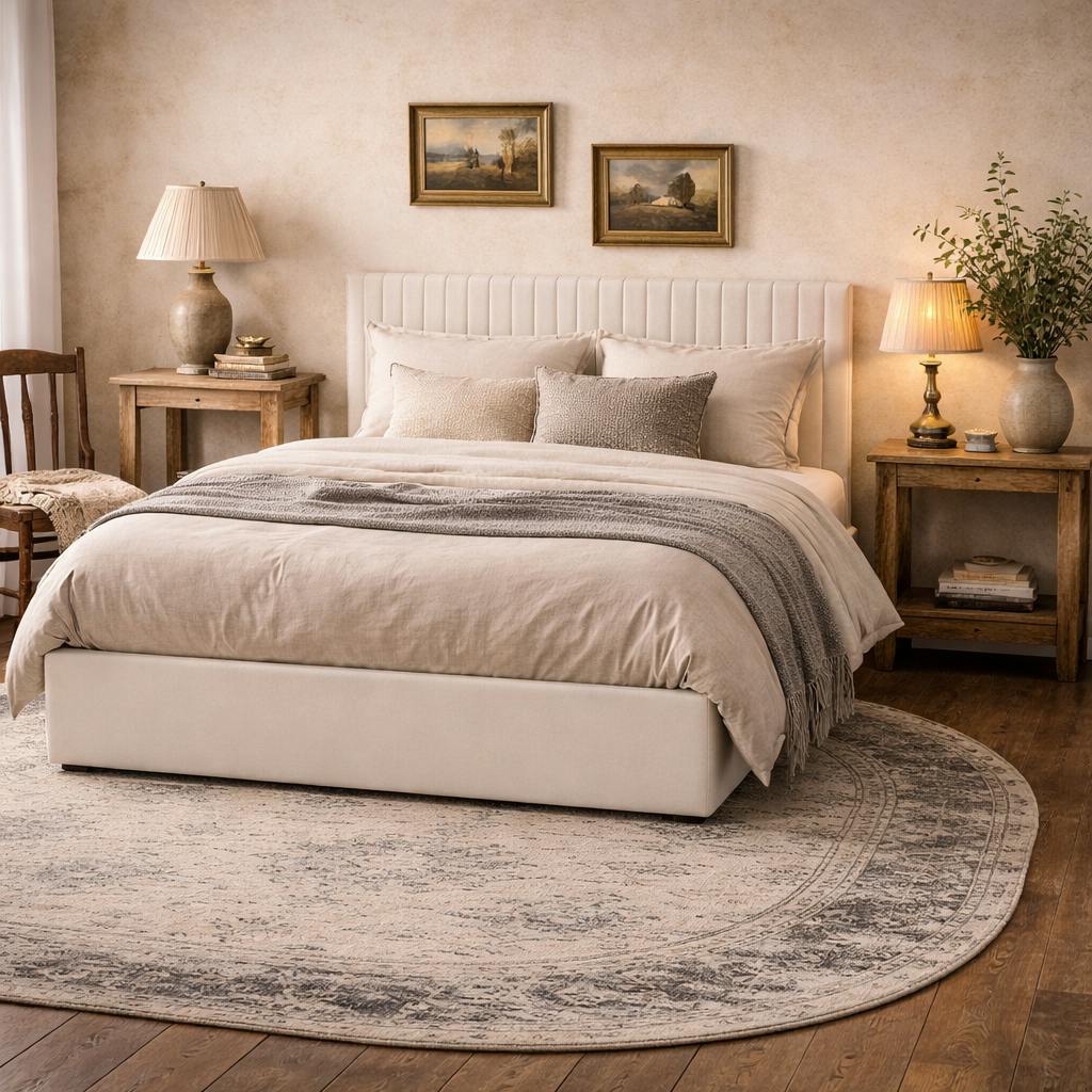 Rackhams Cream Dublin Upholstered 5Ft King Size Ottoman Bed With Tall Ribbed Headboard