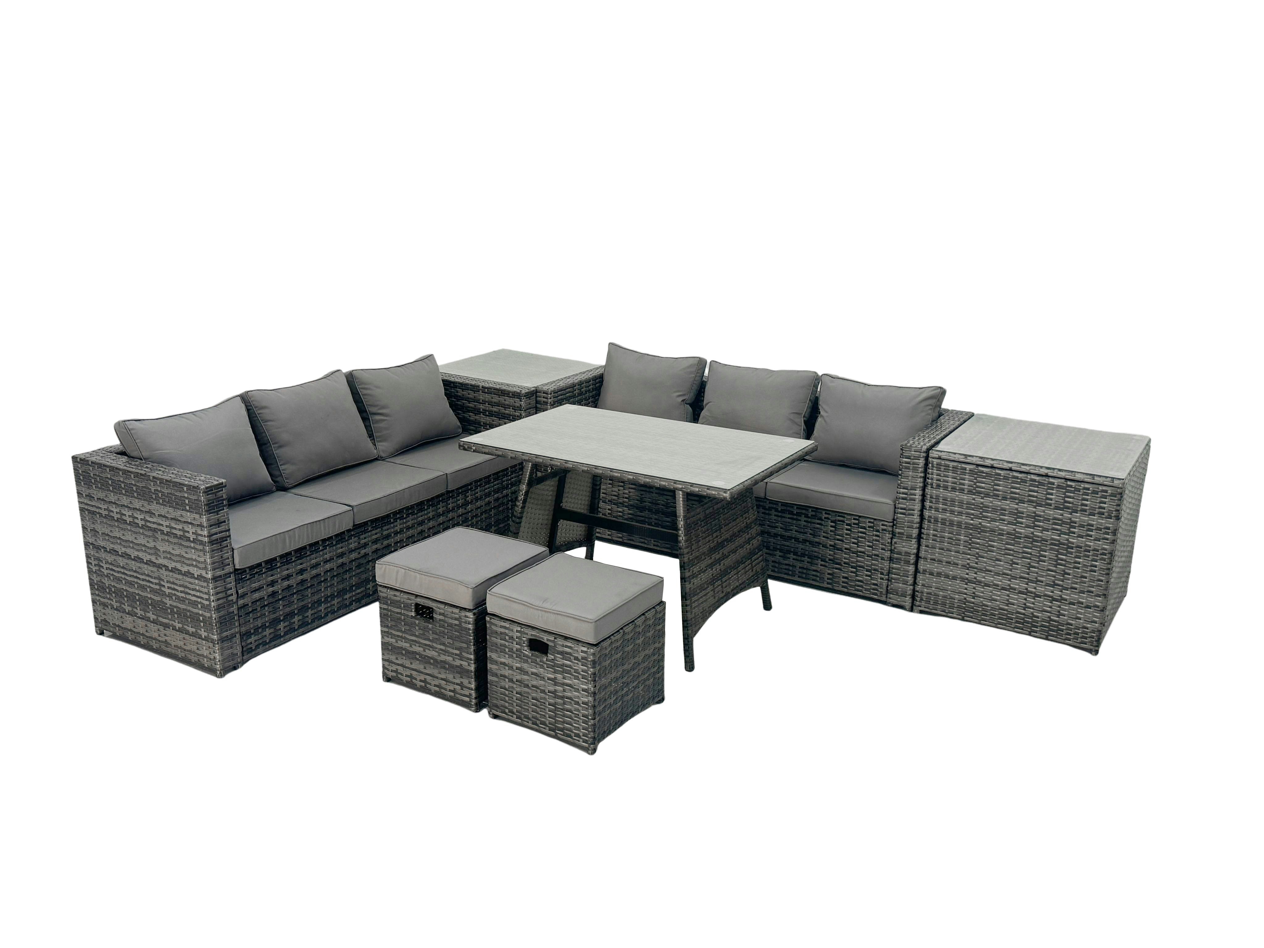 Rackhams Dark/Grey Rattan Dining Table Sofa Set With 2 Side Tables Small Footstool Outdoor Garden Furniture Set Mixed