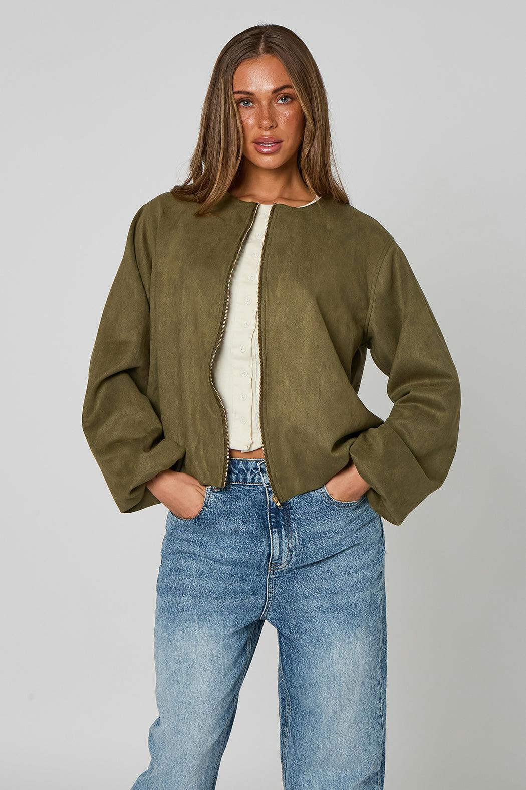 Urban Bliss Khaki Faux Suede Bubble Hem Jacket - 14