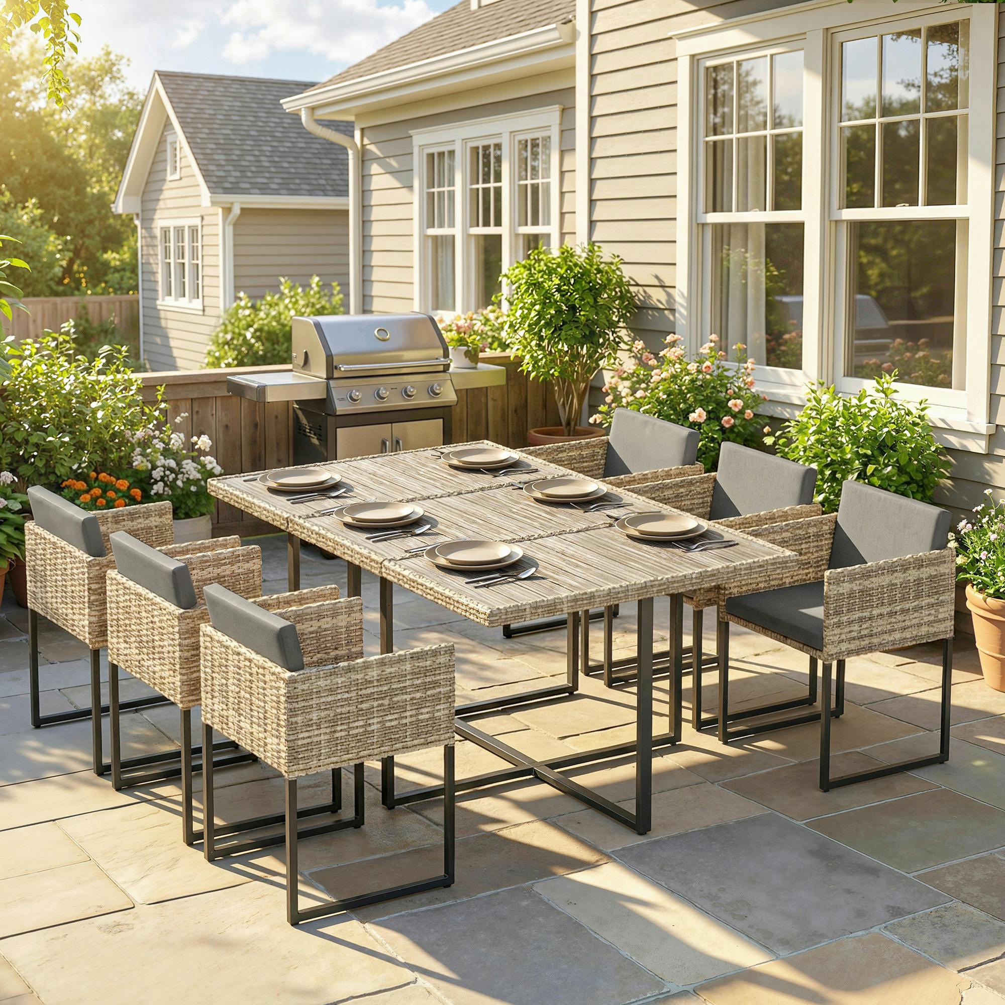 Outsunny Light/Brown/Dark Rattan Garden Furniture Set, Rattan Table And Chairs With Cushions - Grey - Table And 6 Chairs