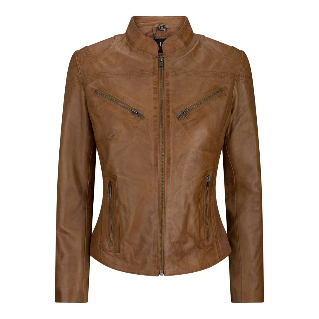 Infinity Leather Women's Brown Leather Company Leather Fitted Biker Jacket - Timber - Uk 22