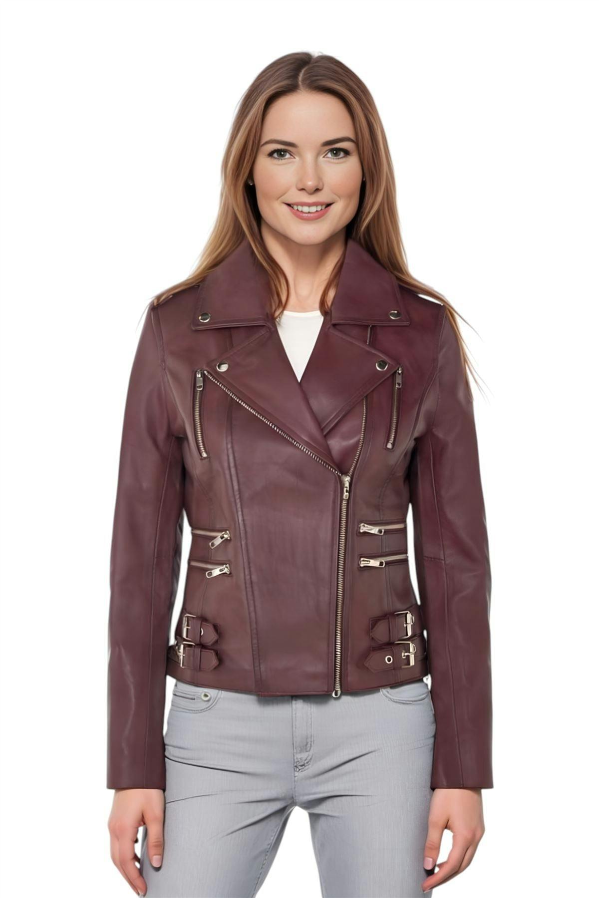 Infinity Leather Women's Burgundy Leather Brando Biker Jacket - Orlando - Uk 2XL/18 | Eu 44 | Us 14