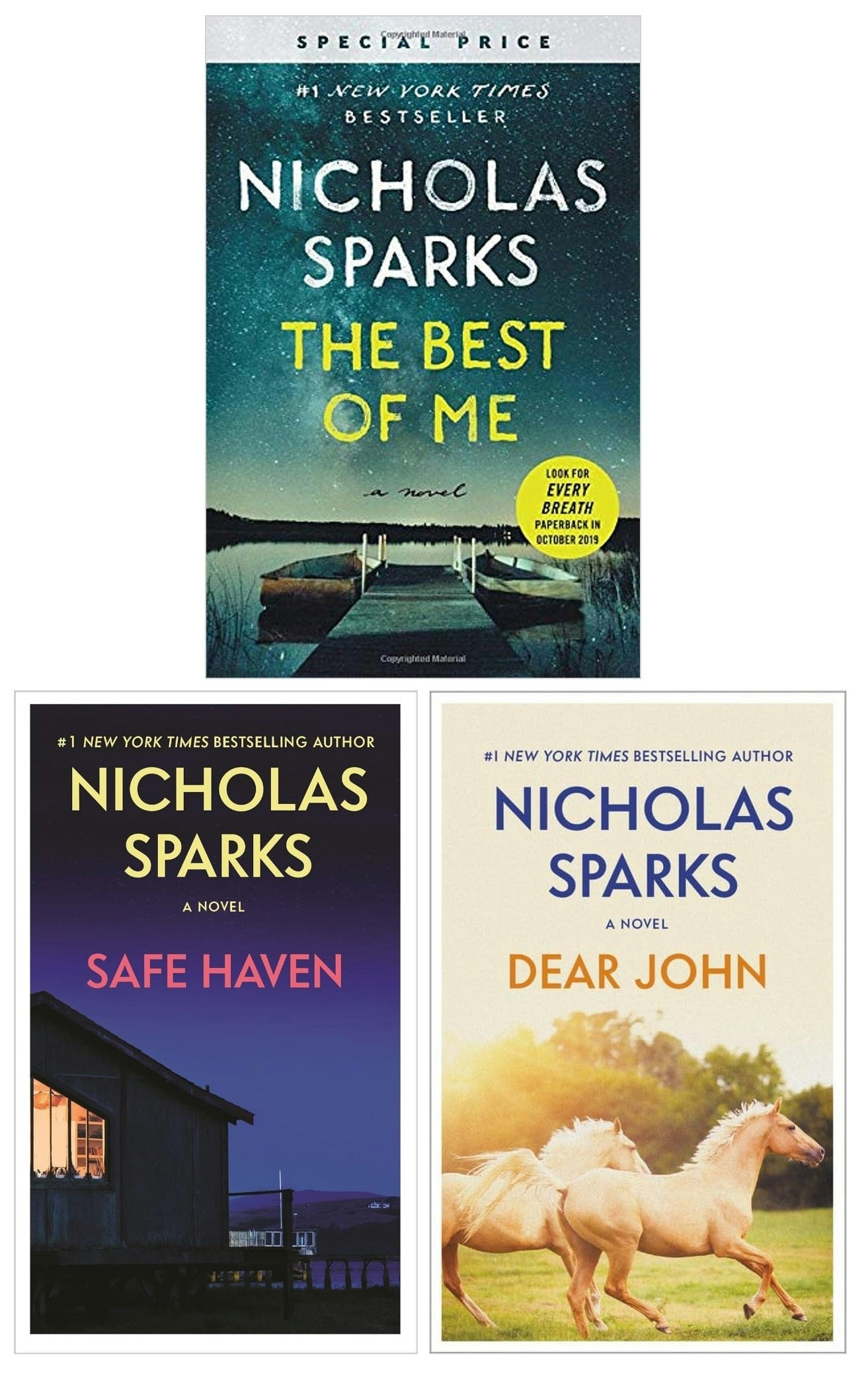 Various Publishers Nicholas Sparks 3 Books Collection Set (Dear John, Safe Haven, The Best Of Me)