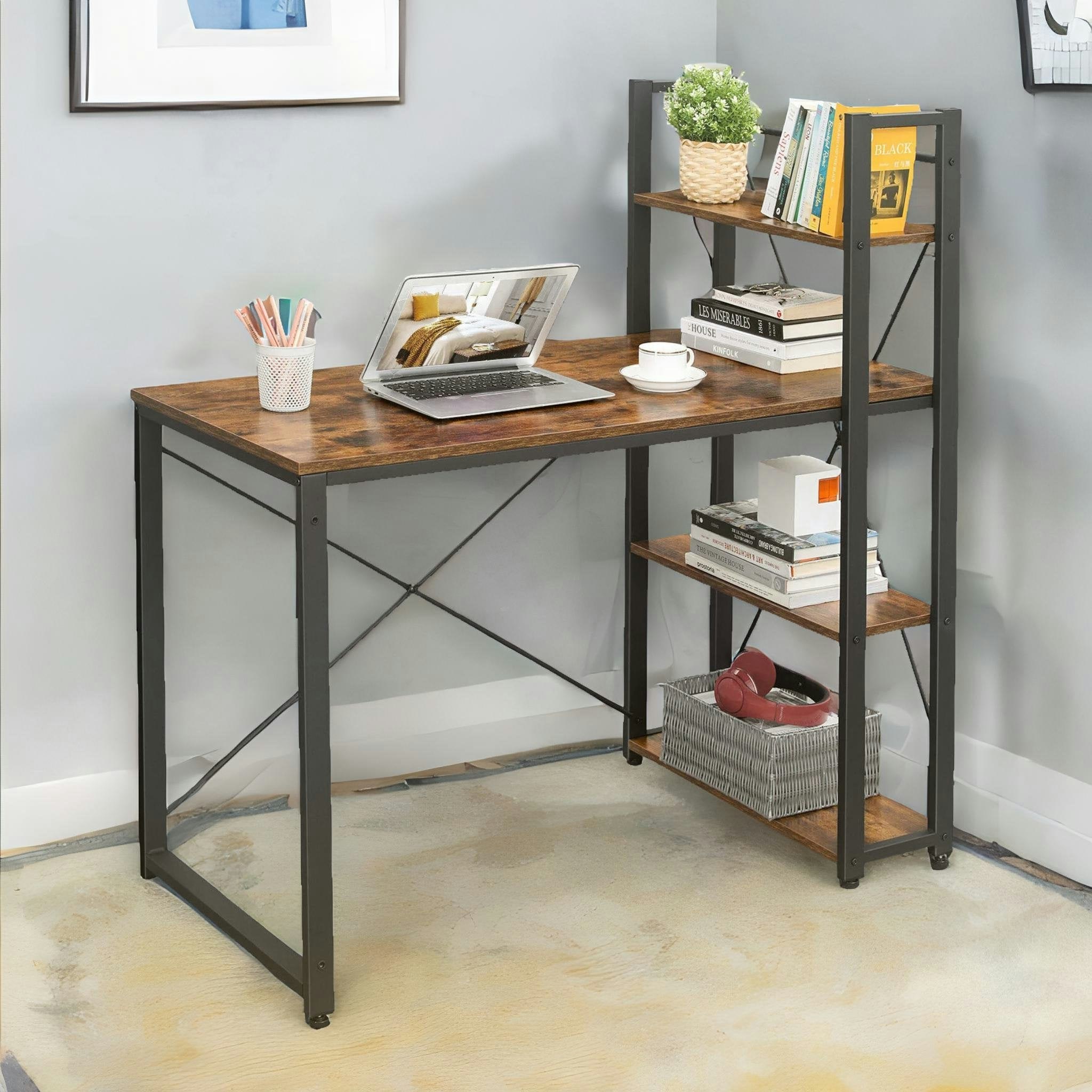 Rafaelo Mobilia Brown 97Cm Wide Computer Desk With 3 Shelves Rustic