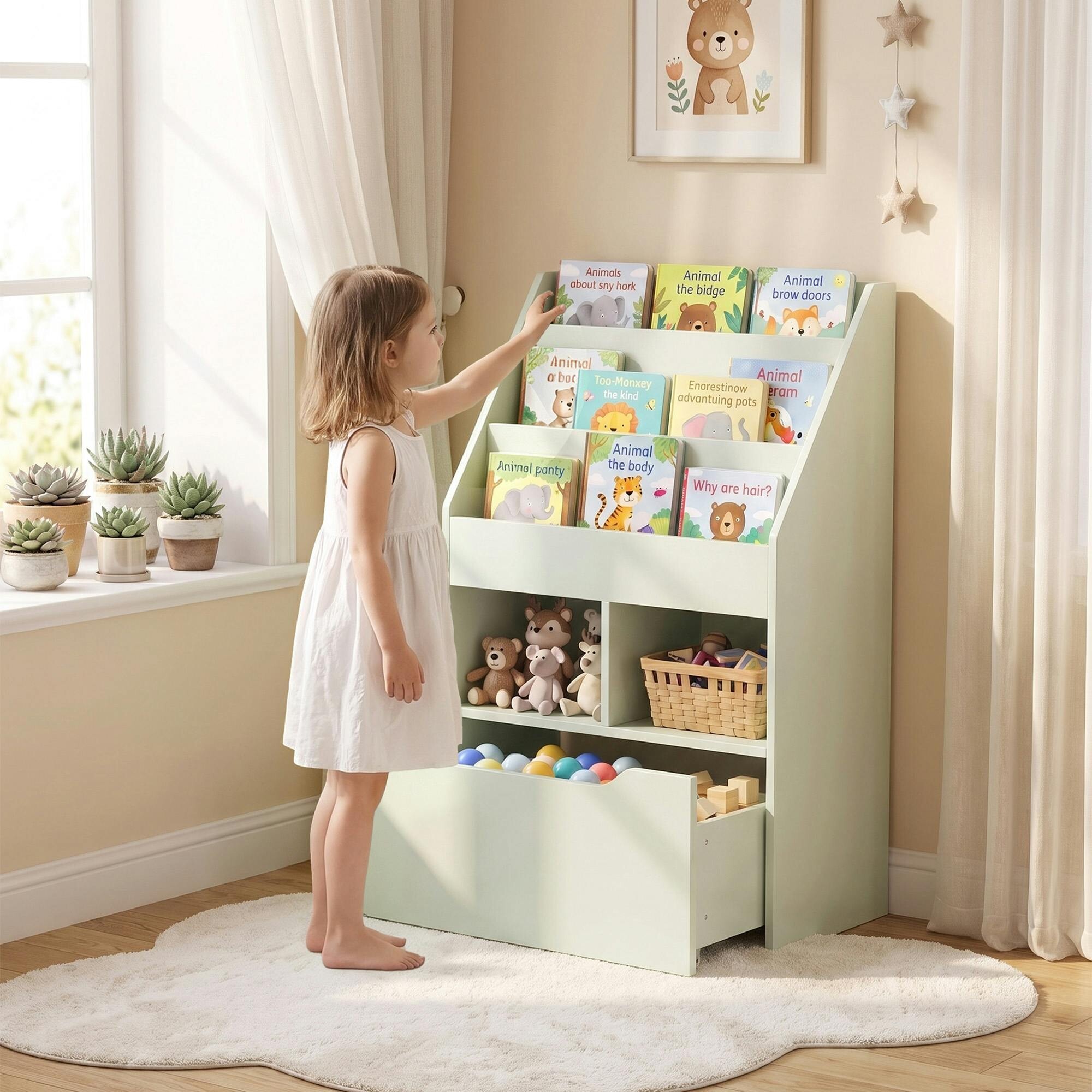 Homcom Green Kids Bookcase, Toy Box W/ Storage Drawer, Wheels For Bedroom