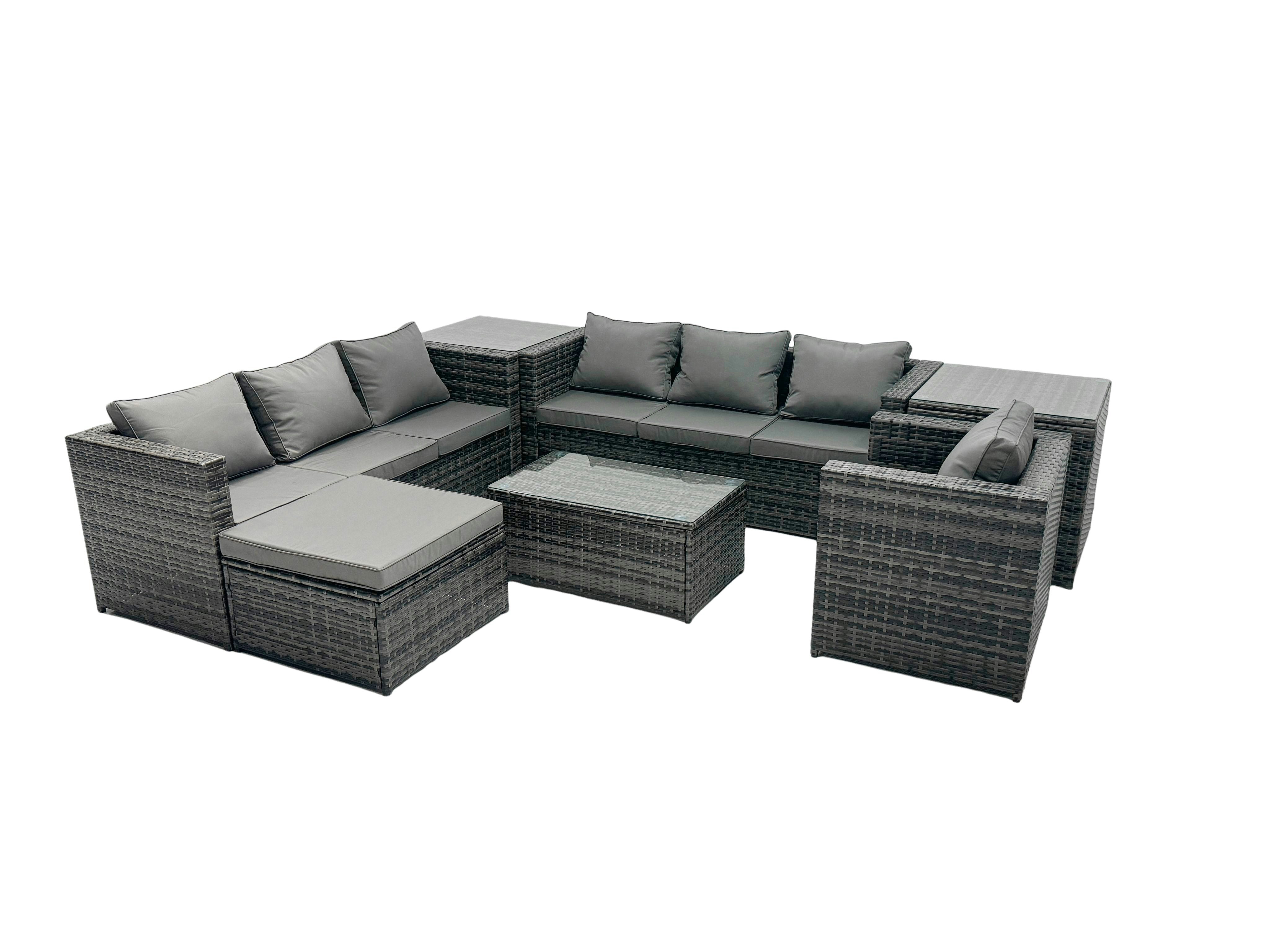 Fimous Dark/Grey Rattan Garden Furniture Dining Set 8 Seater Patio Coffee Table Sofa Set With Big Stool 2 Side Tables Mixed