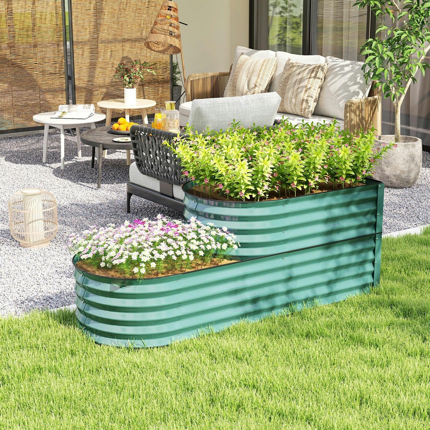 Outsunny Dark/Grey 2-Tier Galvanised Raised Garden Bed With Safety Edging, - Green