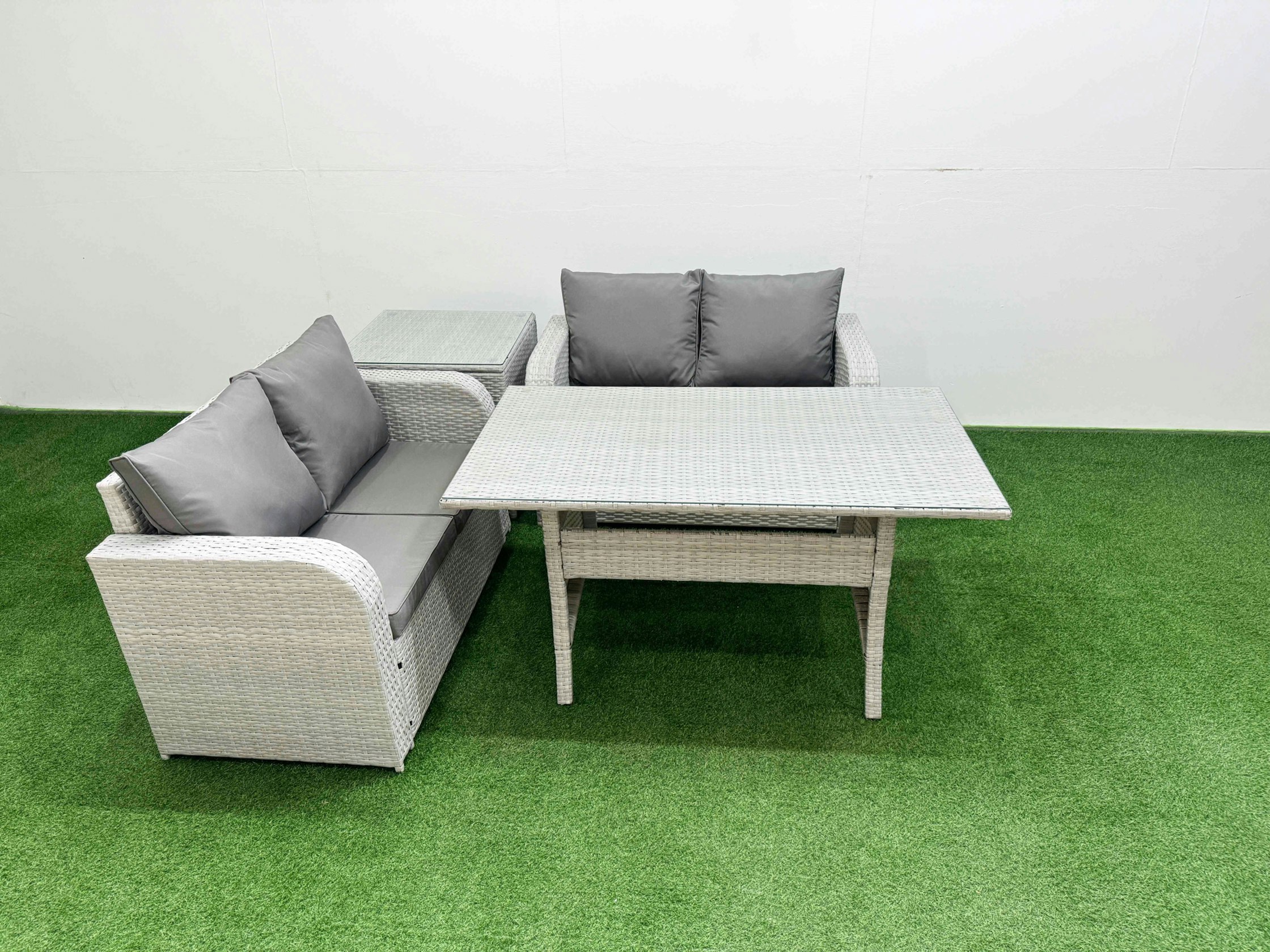 Fimous Light/Grey 4 Seater Outdoor Love Sofa Set Rattan Garden Furniture Set With Rectangular Dining Table Side Table