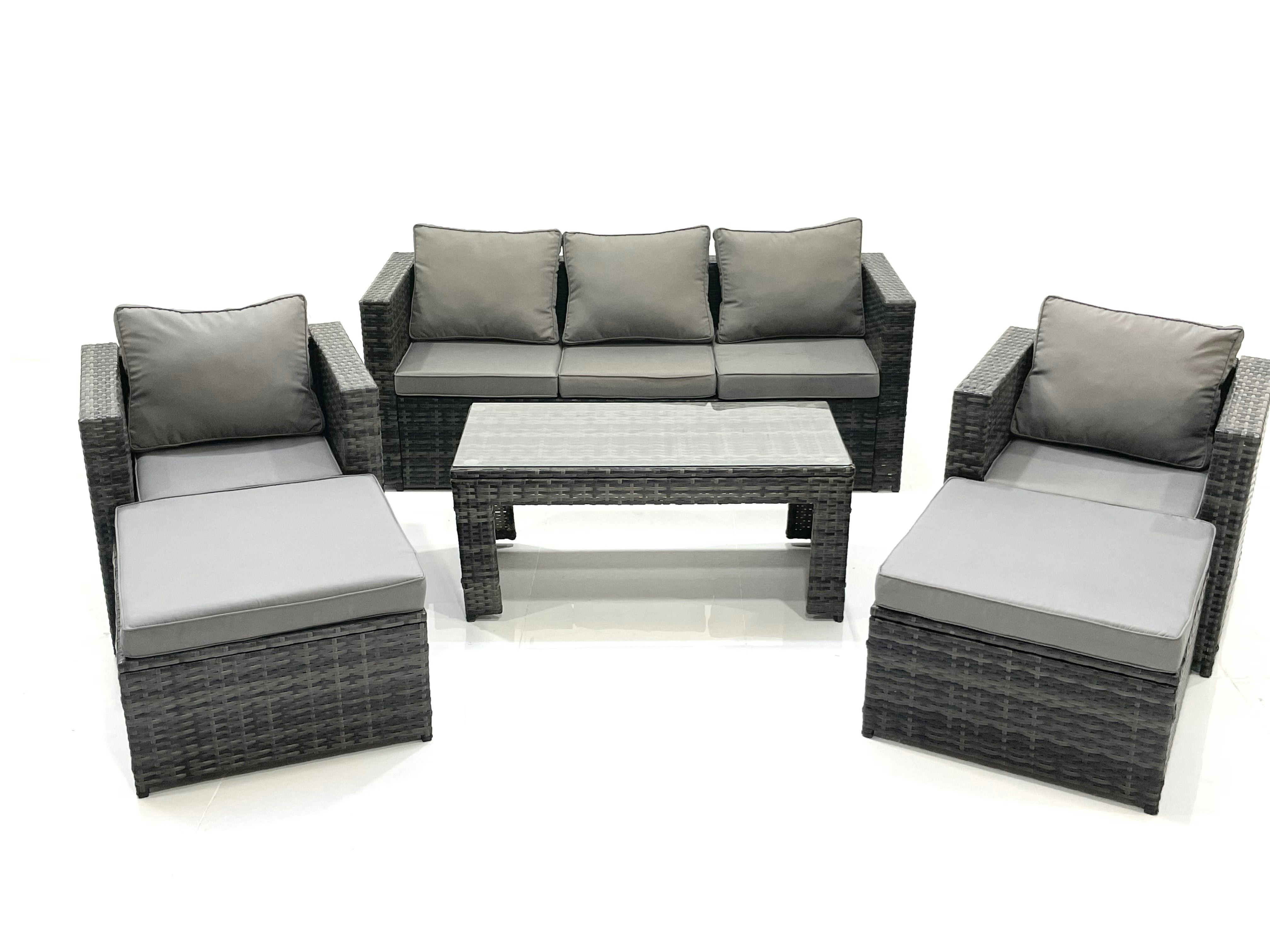 Rackhams Dark/Grey 7 Seater Rattan Garden Furniture Set Outdoor Lounger Sofa With Coffee Table 2 Armchair 2 Big Footstools Mixed