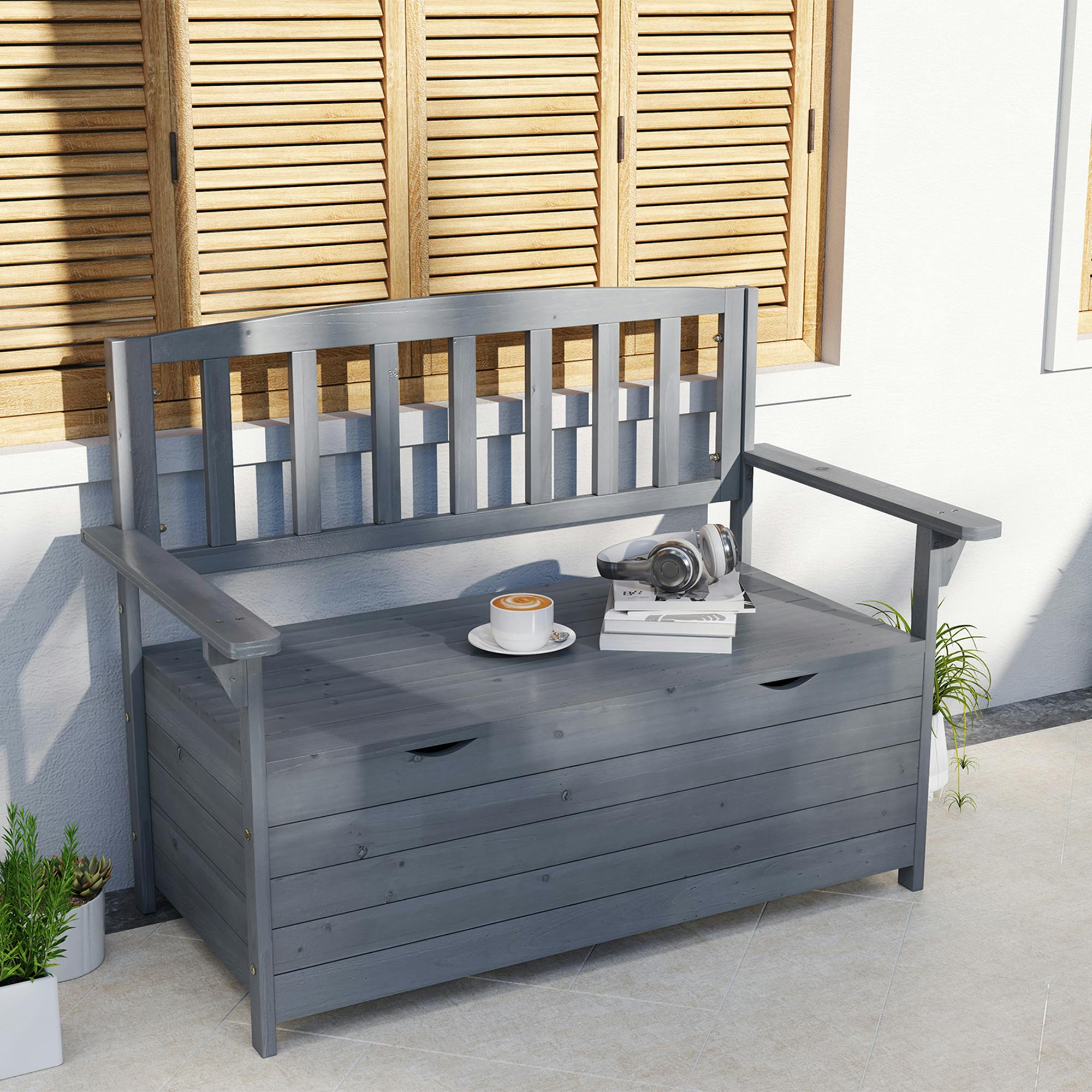 Rackhams Dark/Grey Garden Storage Bench, 2 Seater Fir Wood Outdoor Bench,