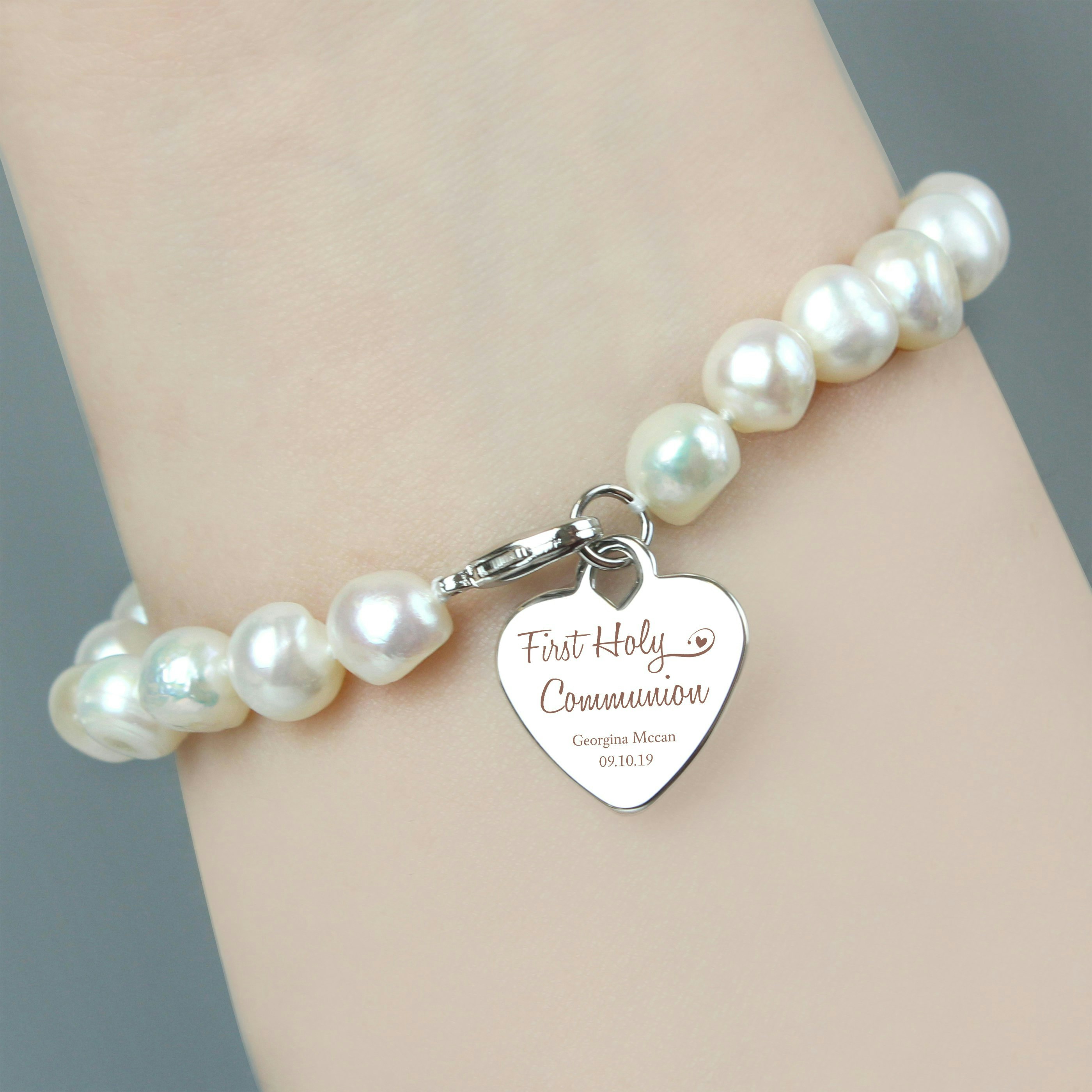 Personalised Memento Company White Personalised First Holy Communion Swirls & Hearts Freshwater Pearl Bracelet