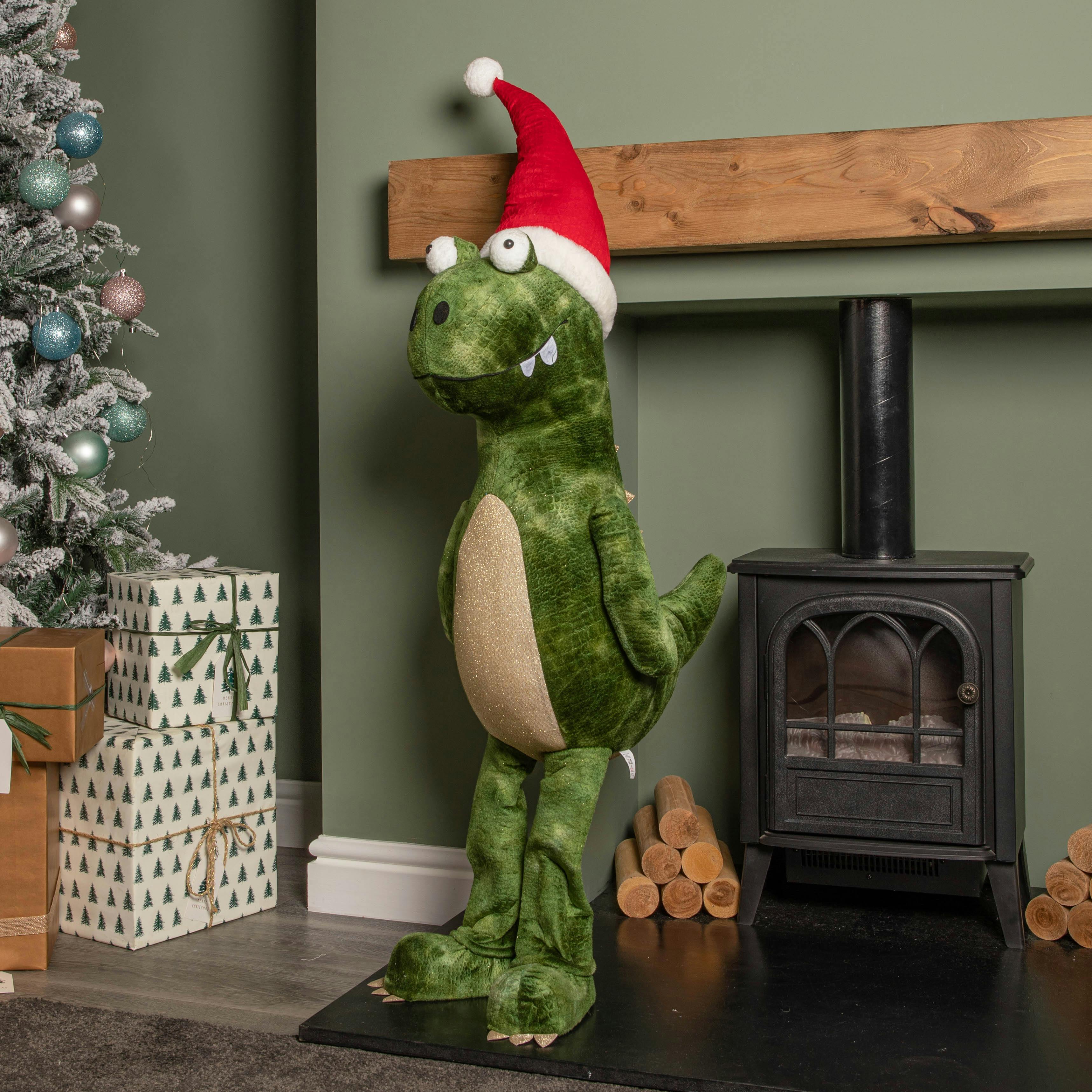 1.17m Humongous Green Standing Christmas Dinosaur With Santa Hat - Samuel Alexander  | TJ Hughes - Image 4