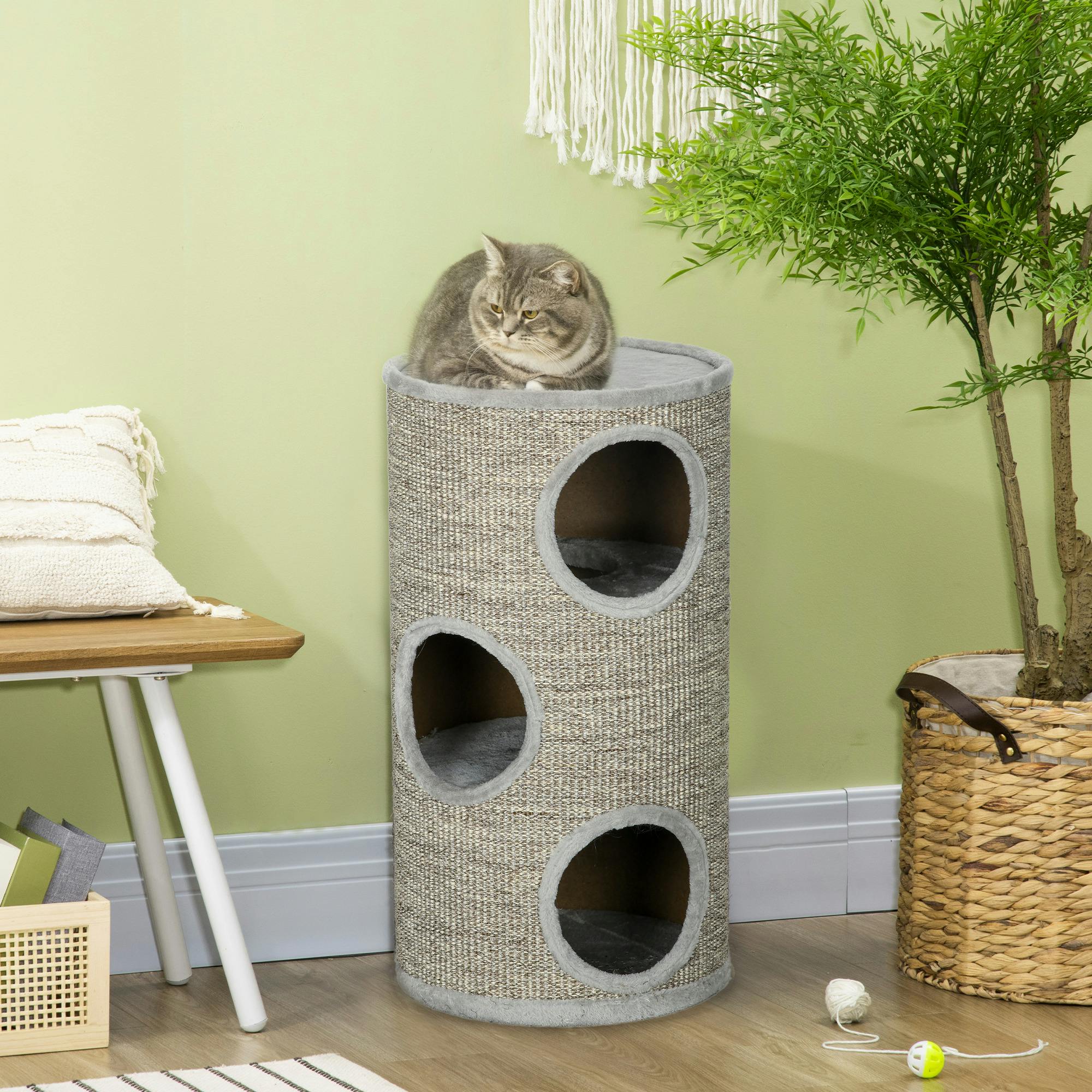 Pawhut Unisex Grey Cat Barrel Kitten Tree Tower For Indoor Cats, Covered With Sisal In - Image 3