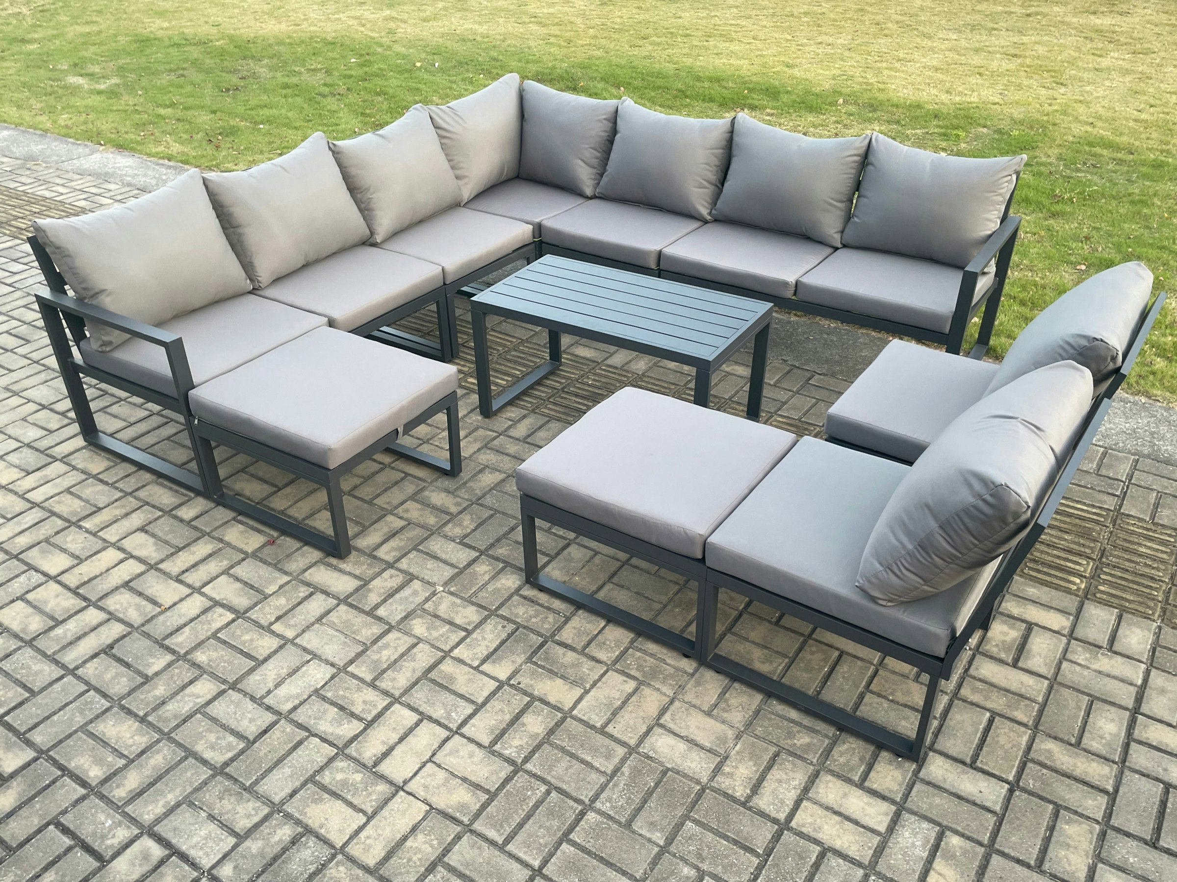 Rackhams Dark/Grey Aluminium 11 Seater Patio Outdoor Garden Furniture Lounge Corner Sofa Set With Oblong Coffee Table With 2 Big Footstools