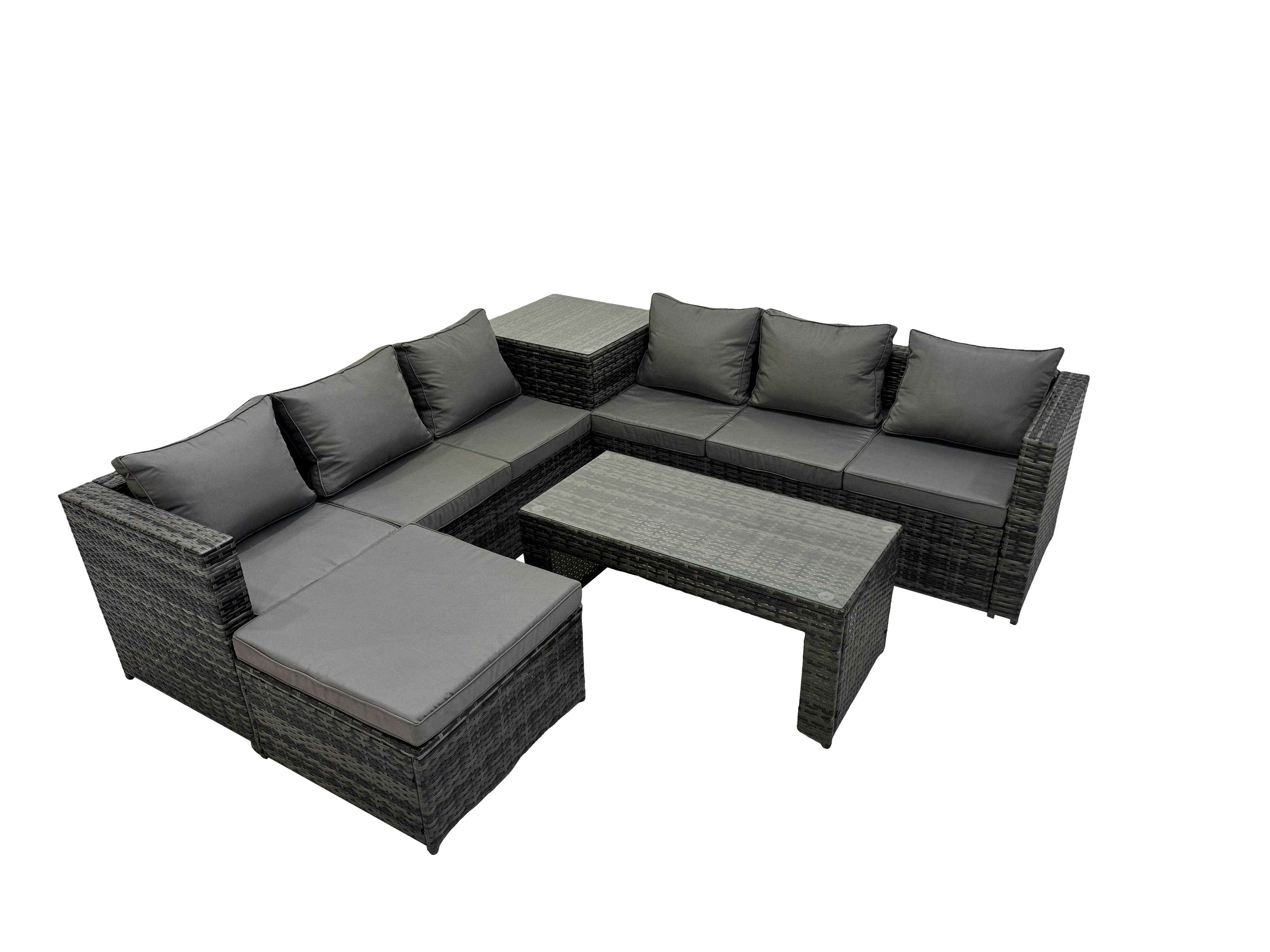 Rackhams Dark/Grey Garden Rattan Outdoor Furniture Set 7 Seater Patio Corner Sofa Oblong Coffee Table With Big Stool Side Table