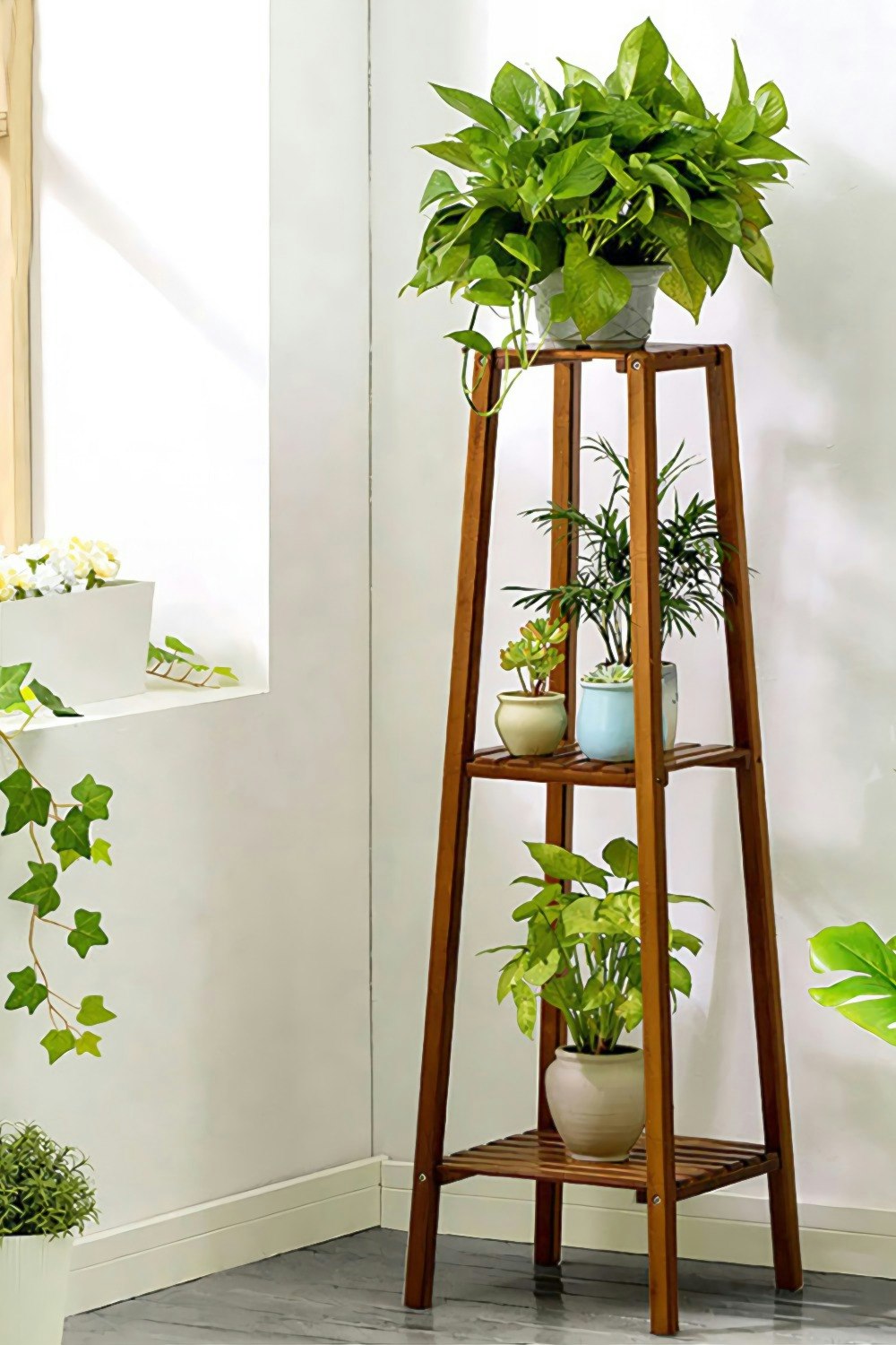 Rackhams Brown Vintage Tiered Indoor Plant Stand Solid Wood Display Shelf