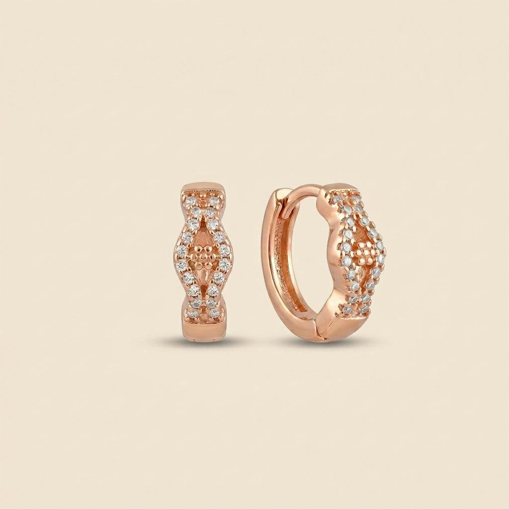 The Colourful Aura Gold Rose Crystal Huggie Hoop Earrings With Floral Cz Detail