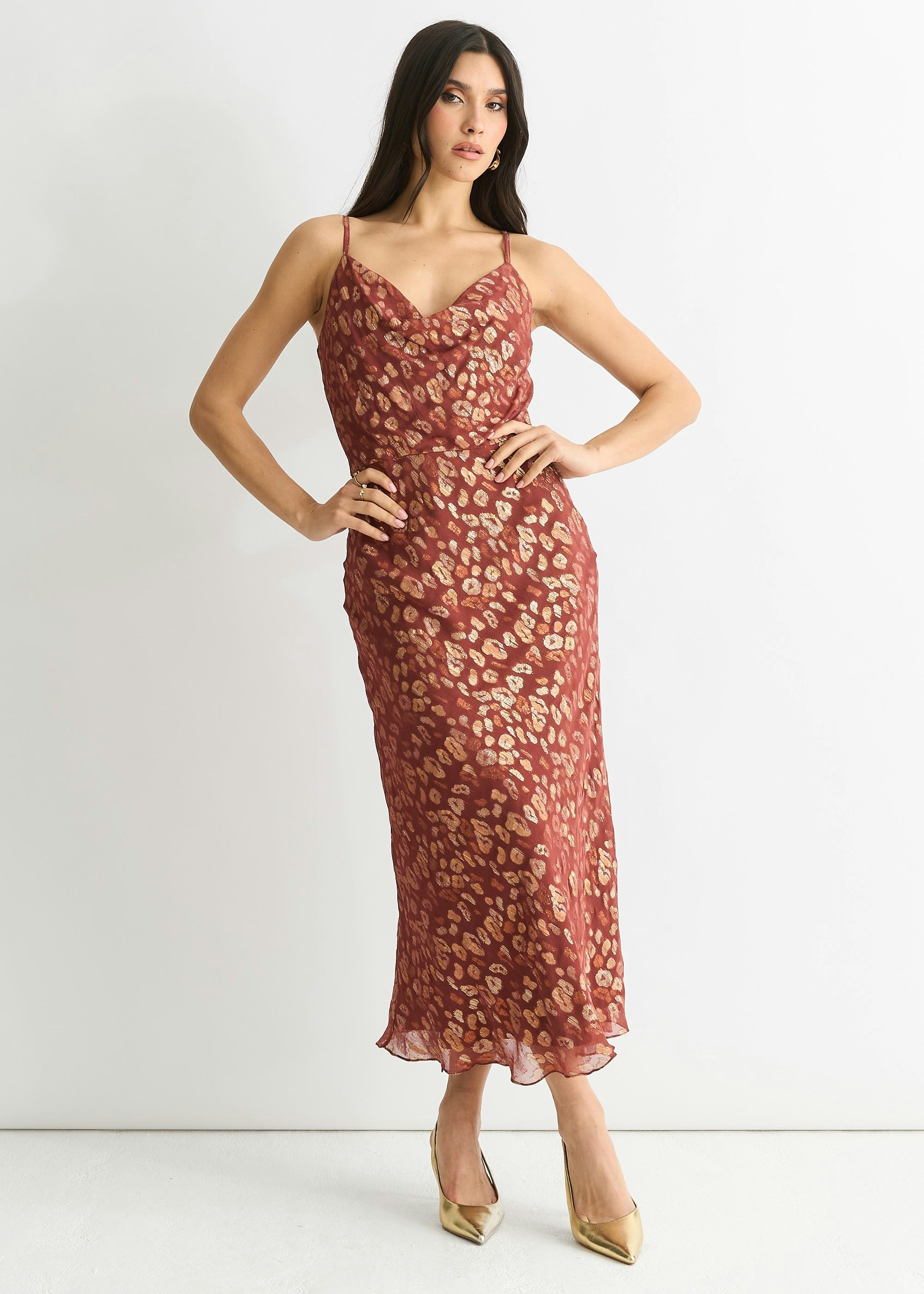 Gini London Brown Viscose Animal Jacquard Cowl Midi Dress - Uk 16 / Us 12 / Eu 44