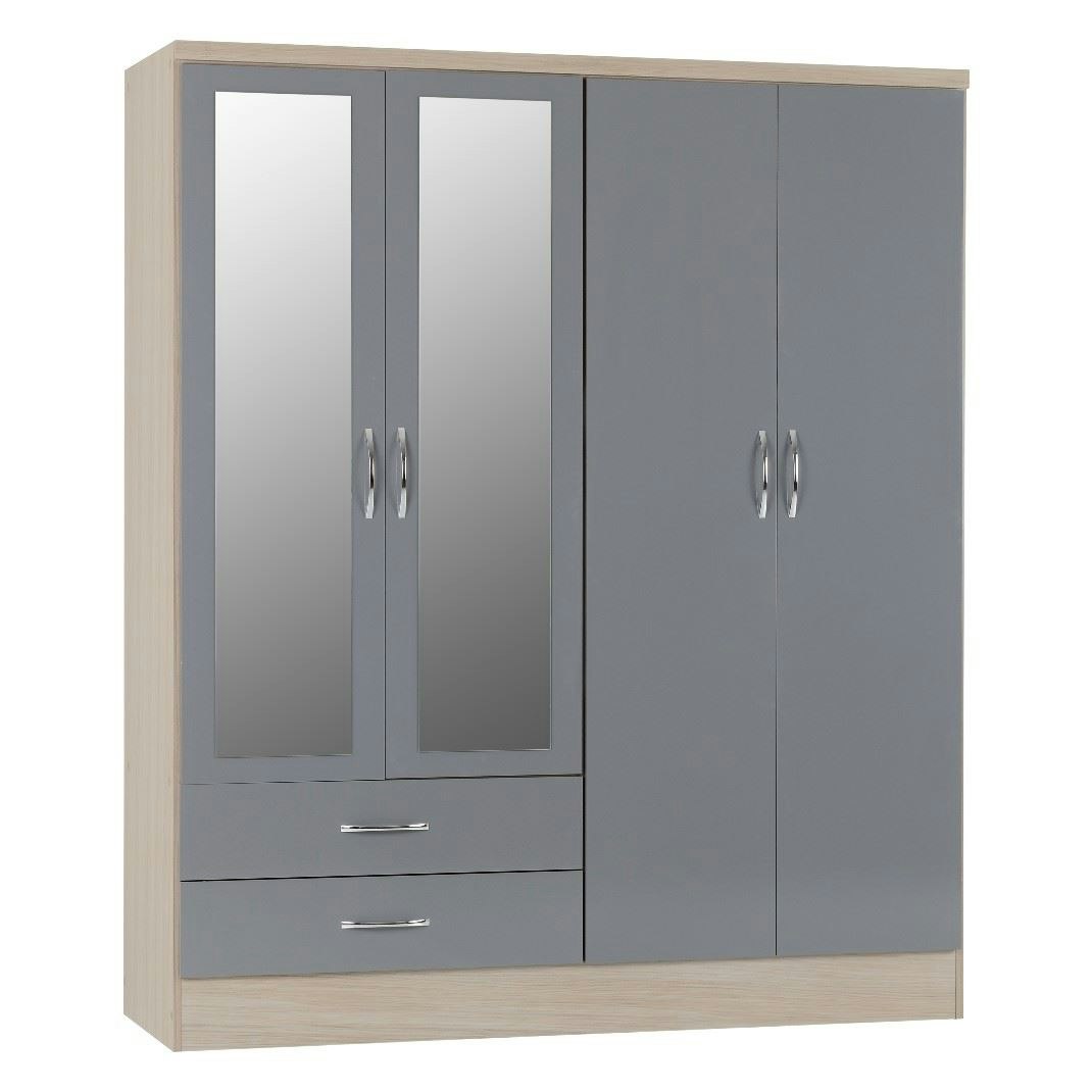 Rackhams Grey/Light Nevada 4 Door 2 Drawer Mirrored Wardrobe - Gloss And Oak