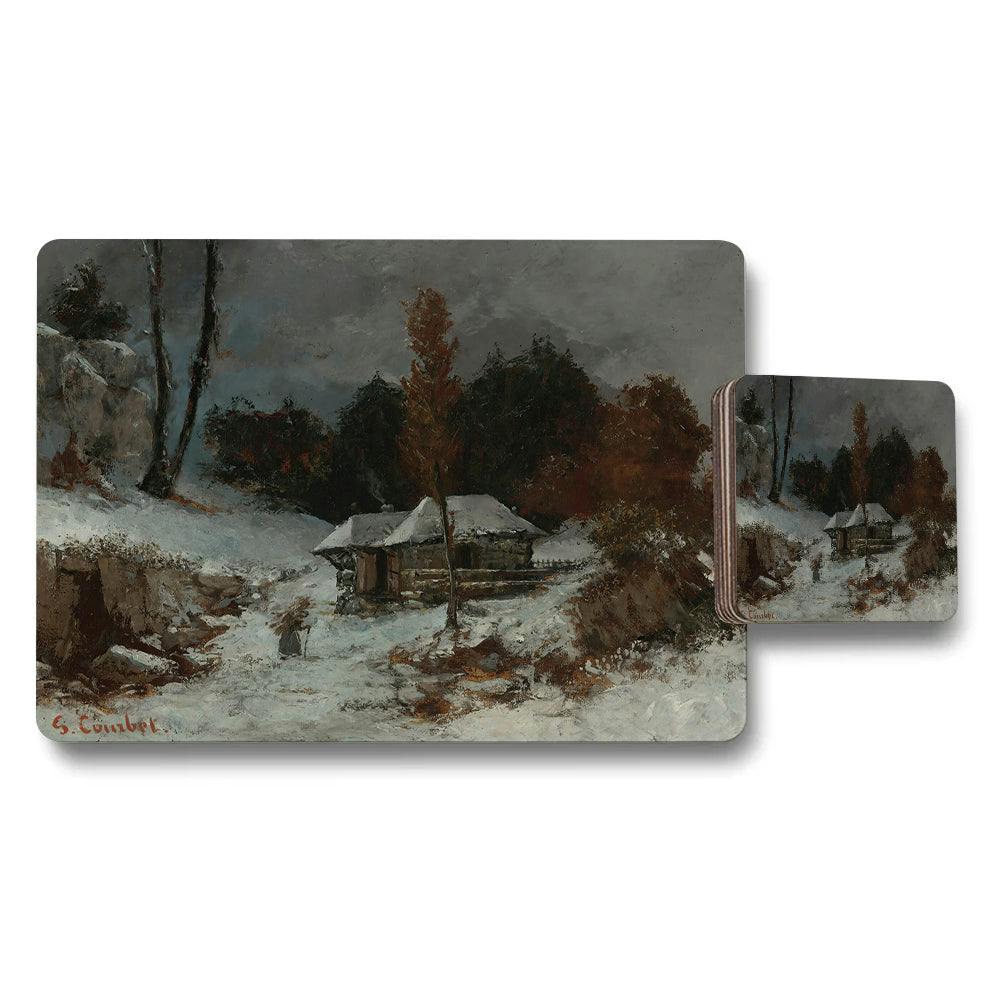 Benjamin Tate Design Winter Snow Scene Placemat And Coaster Set With Rustic Cabin Art