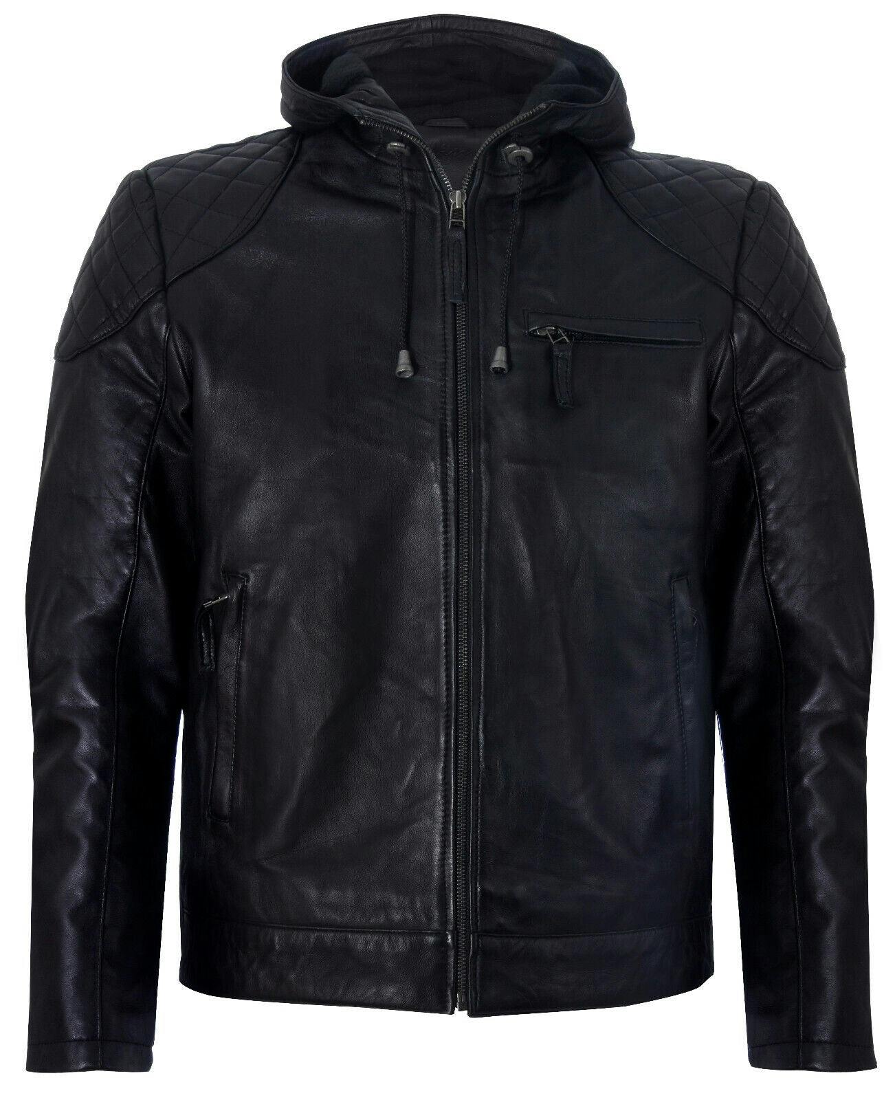 Infinity Leather Men's Black Vintage Zipped Leather Hooded Bomber Biker Jacket - Uk 4XL | Eu 58 | Us 48
