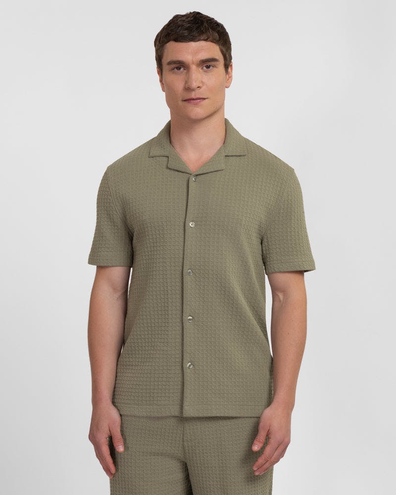 Steel & Jelly Leyton - Check Texture Jersey Short Sleeve Shirt - Sage - M