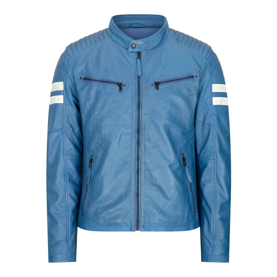 Aviatrix Men's Red/Black/Blue Leather Biker Racing Jacket Stripes Zip Short - Small