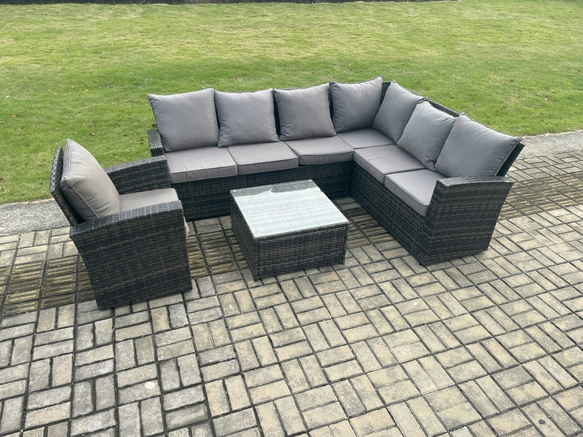 Rackhams Dark/Grey Wicker Pe Outdoor Garden Furniture Set High Back Rattan Corner Sofa Set With Armchair Square Coffee Table
