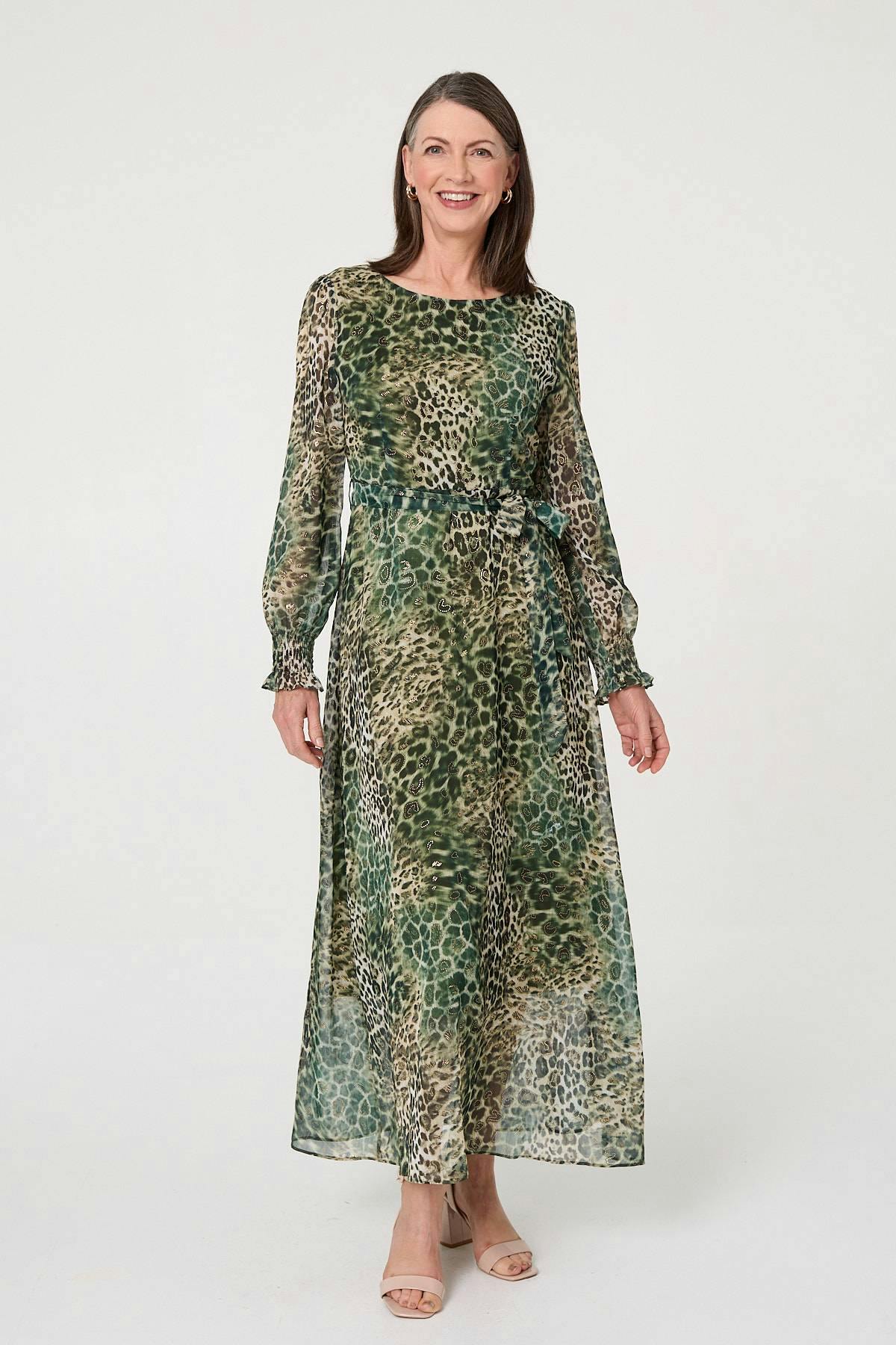 Izabel London Green Animal Print Semi Sheer Tie Maxi Dress - 10