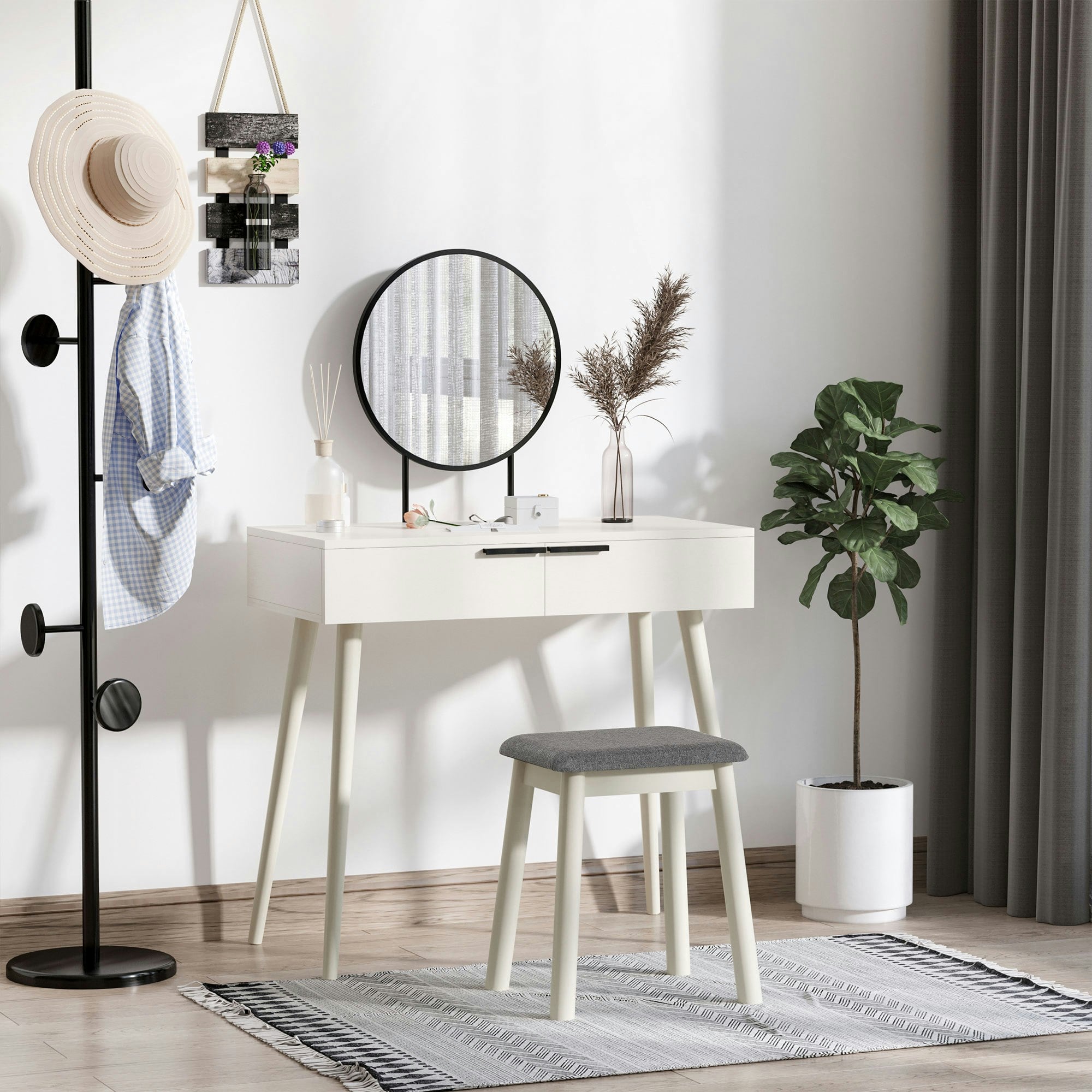 Homcom White Dressing Table Vanity Set Make Up Desk With Round Mirror & Stool