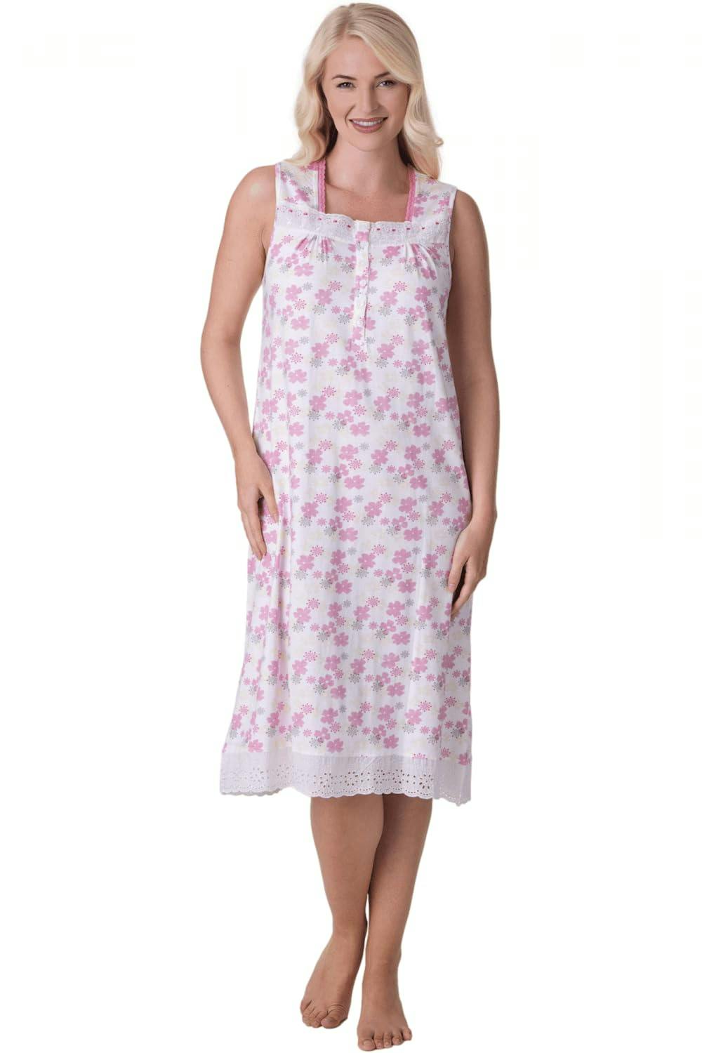 Camille Women's Pink Lightweight Jersey Cotton Sleeveless Floral Nightdresses - 22-24