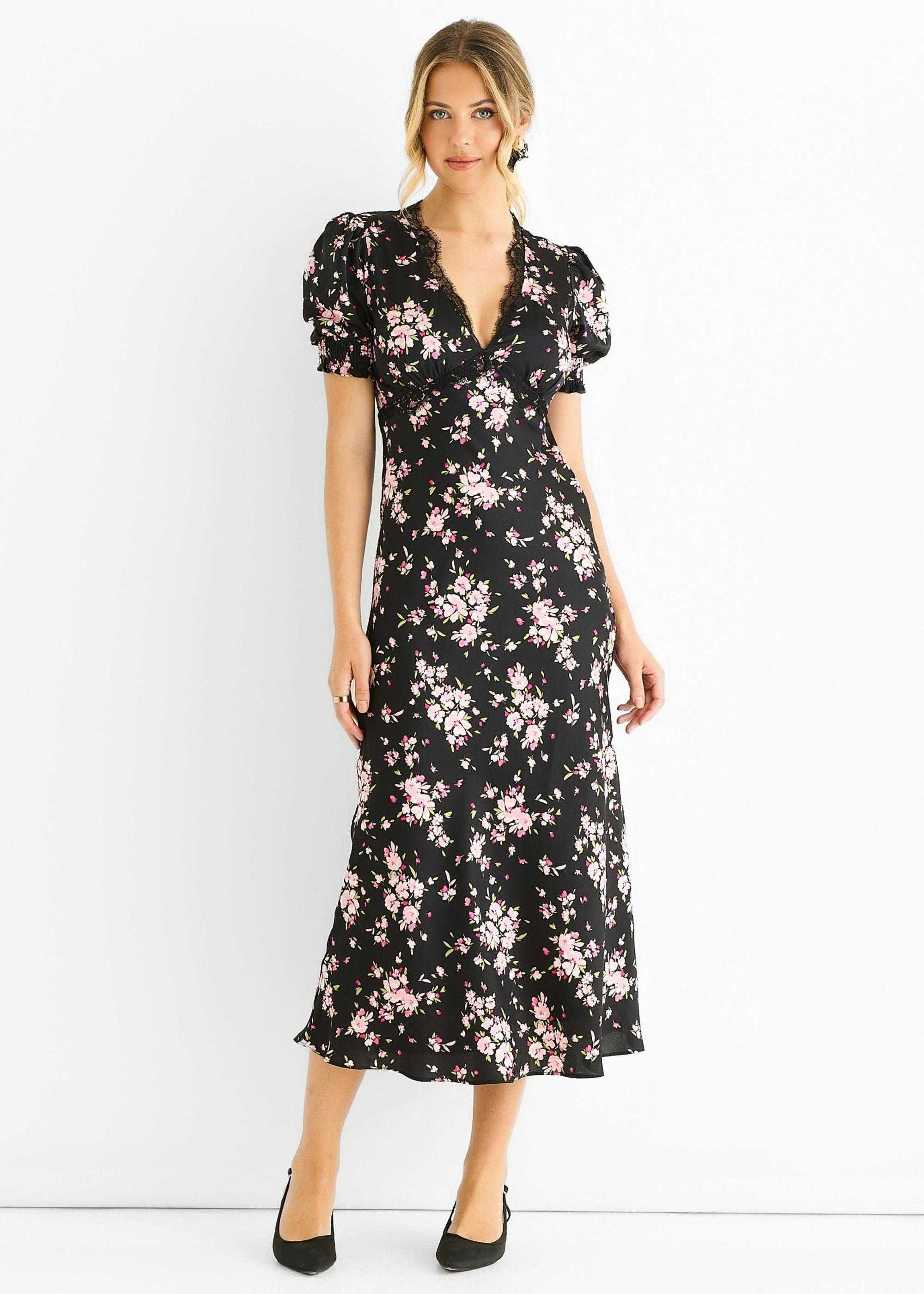 Gini London Black Floral Lace Trim Bias Midi Dress - Uk 14 / Us 10 / Eu 42