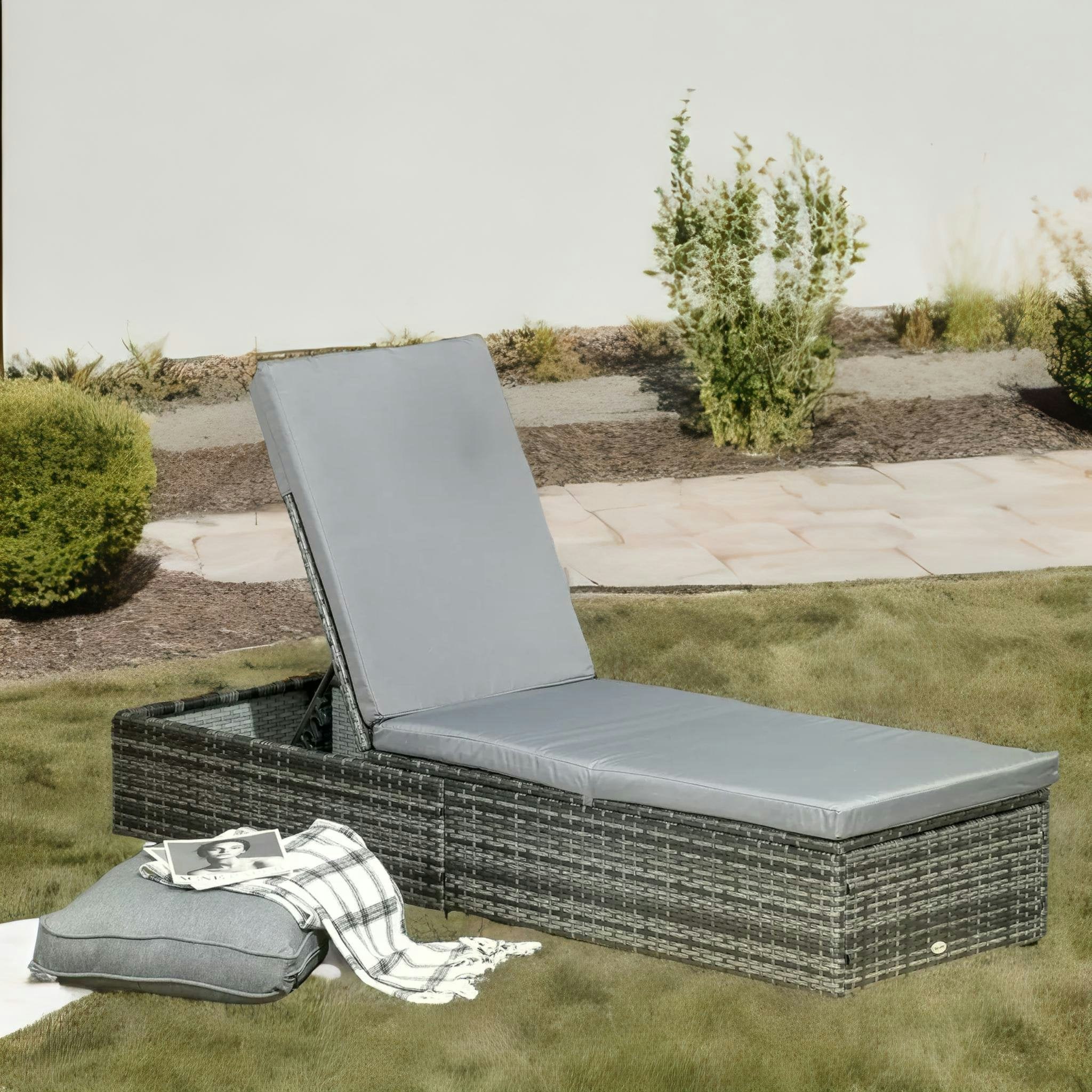 Rafaelo Mobilia Grey Rattan Sun Lounger For Garden Reclining Deck Bed With Cushion