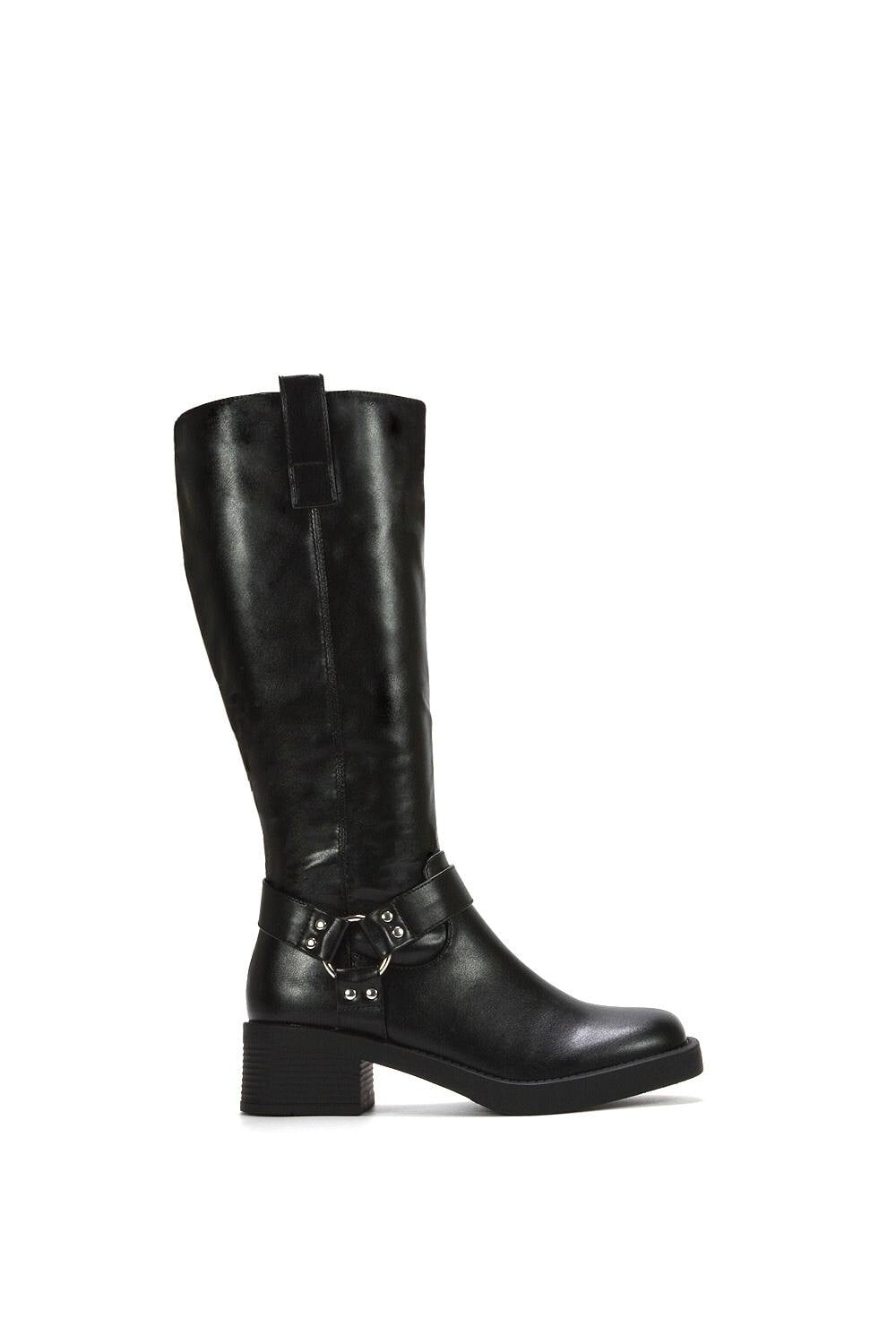 Xy London Women's Black Knee High Biker Mid Block Heel Western Boots - 4