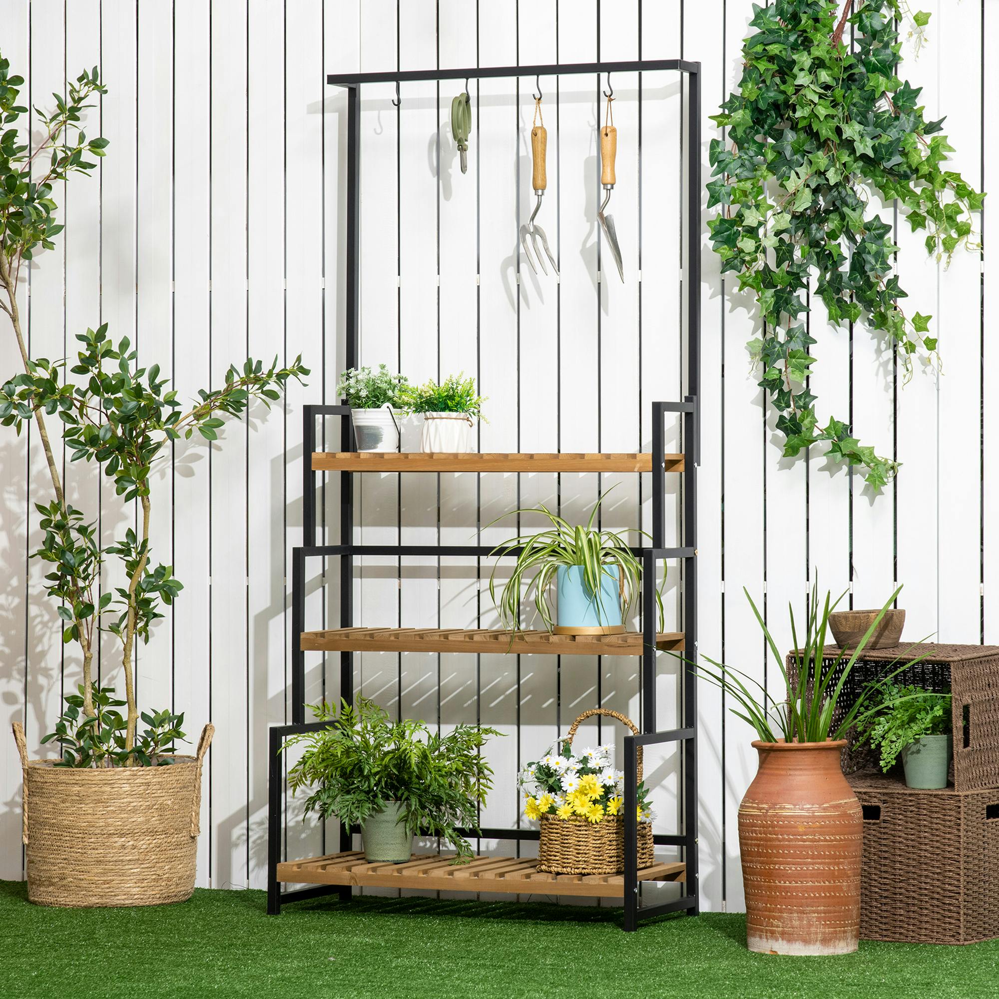 Rackhams 3 Tiered Plant Stand Rack With Hanging Hooks For Indoor Outdoor