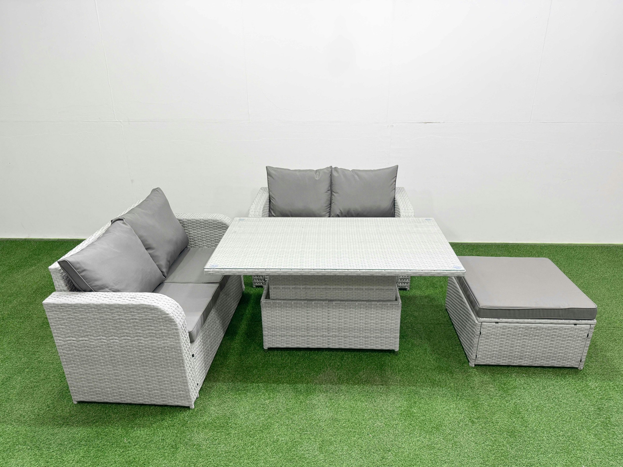 Fimous Light/Grey 5 Seater Outdoor Love Sofa Set Rattan Garden Furniture Set With Adjustable Lifting Dining Or Coffee Table Big Footstool