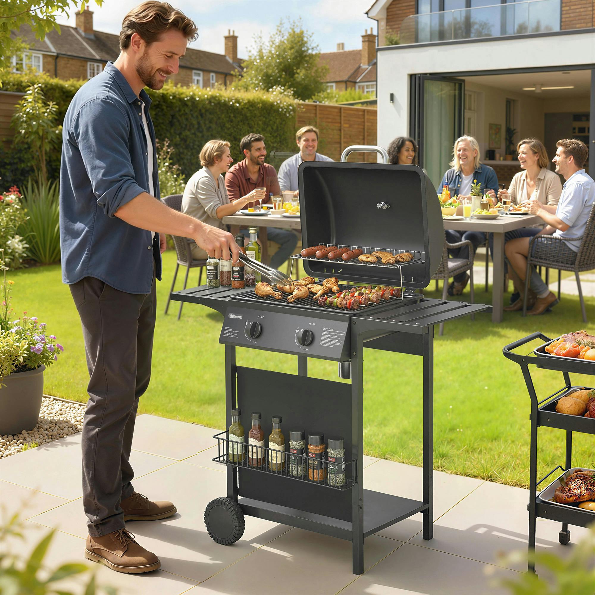 Rackhams Black Gas Burner Barbecue Grill, Garden Bbq Grill With Warming Rack - Gas Grill - 1 - Metal, 600D Oxford Cloth, Stainless Steel