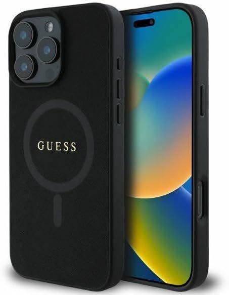 Guess Black Leather Saffiano Peony Classic Logo Hardcase With Magsafe For Iphone 16 Pro Max 6.9" - Guhmp16xpsahmck