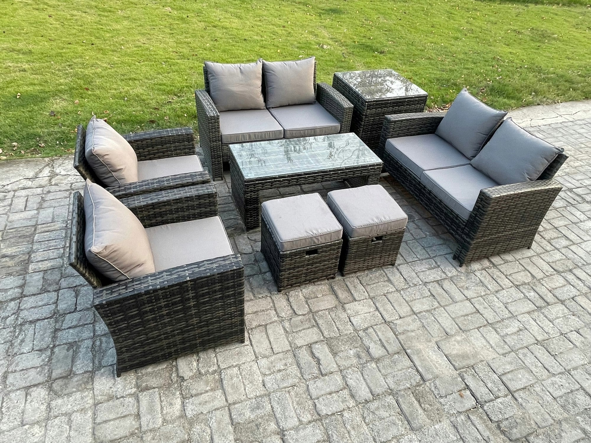 Fimous Dark/Grey 8 Seater Mixed High Back Rattan Outdoor Sofa Set - Coffee Table, Loveseat, Armchairs & 2 Footstools