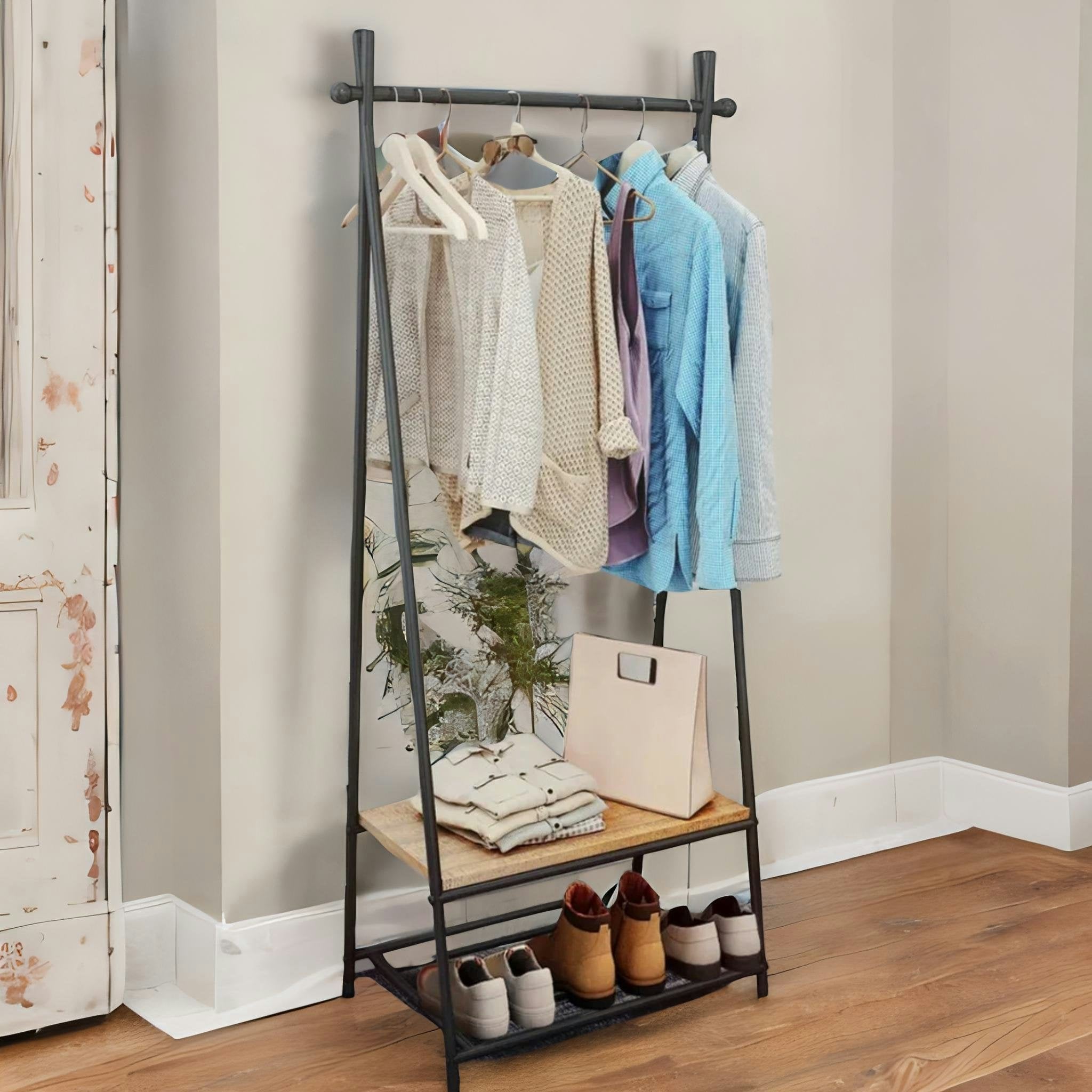 Rafaelo Mobilia Brown Industrial Open Wardrobe Garment Rail With Storage Shelves