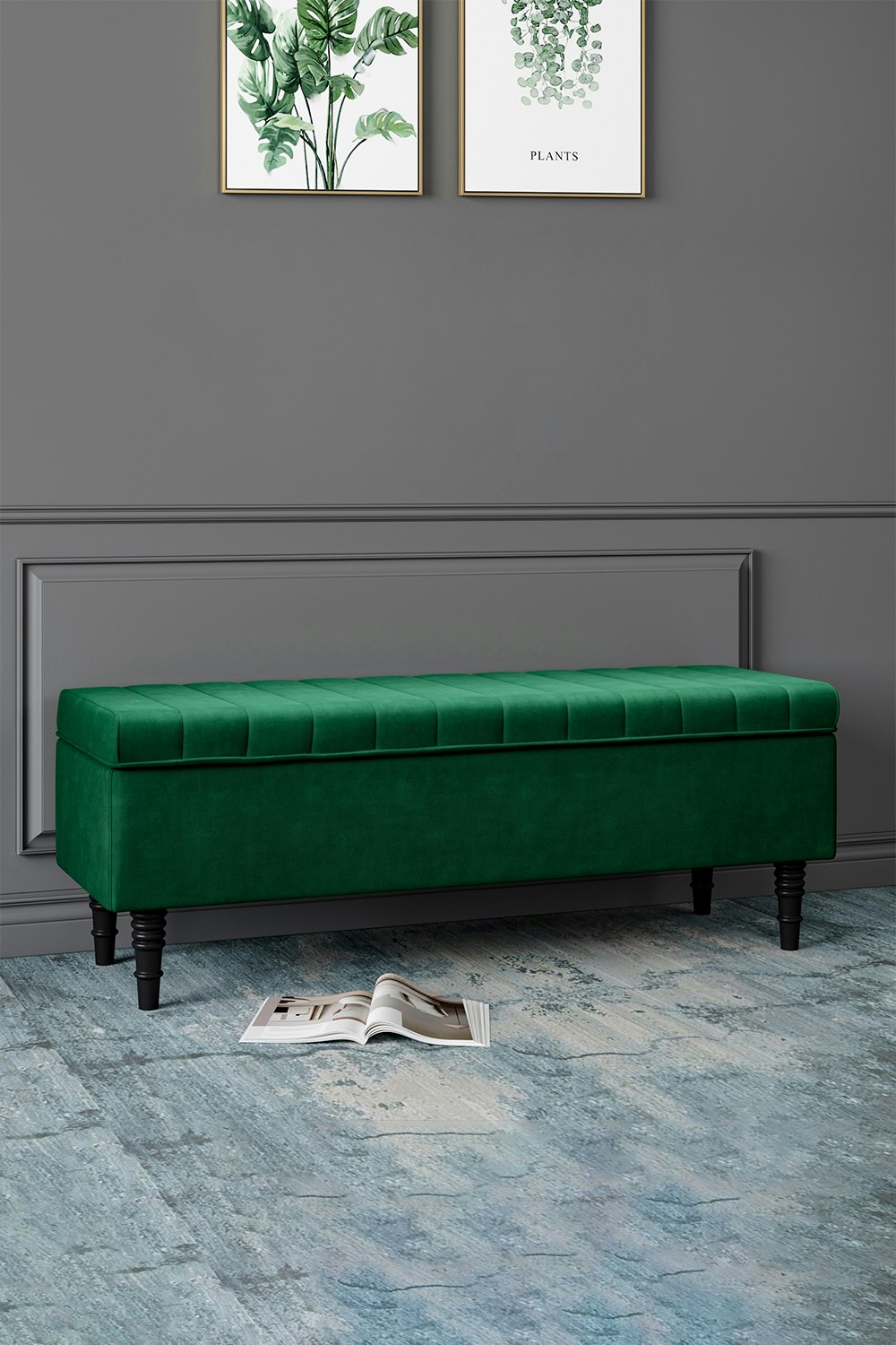 Rackhams Green Upholstered Storage Ottoman Entryway Bench