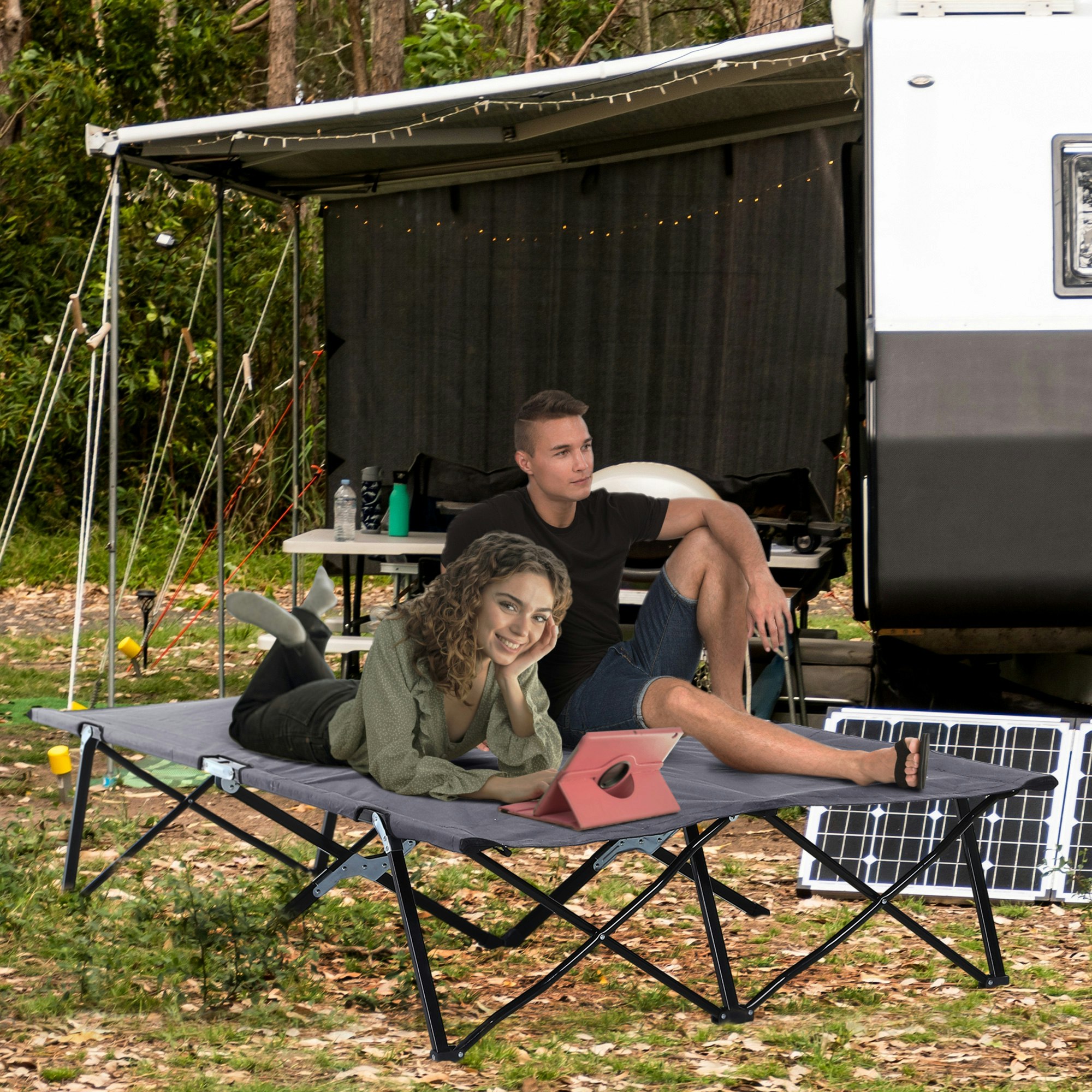 Outsunny Grey Double Camping Folding Cot Outdoor Portable Sleeping Bed,