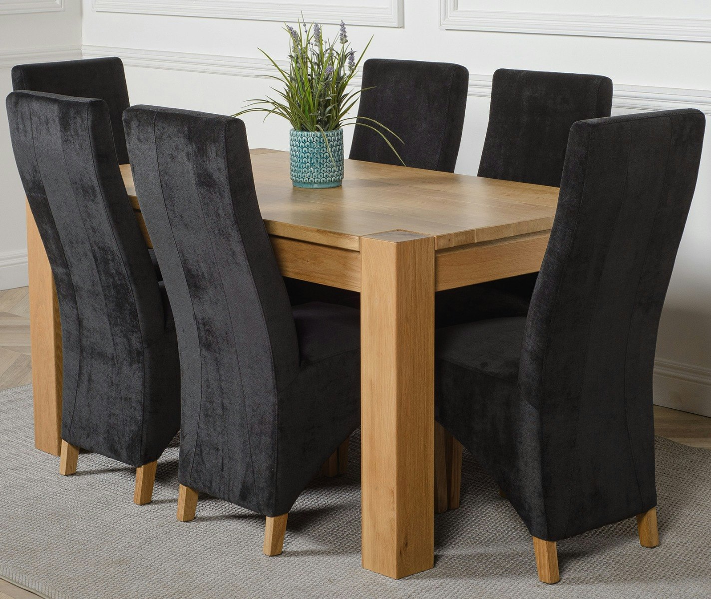 Rackhams Black Kuba Medium Oak Dining Table With Lola Fabric Chairs - 6 Chairs