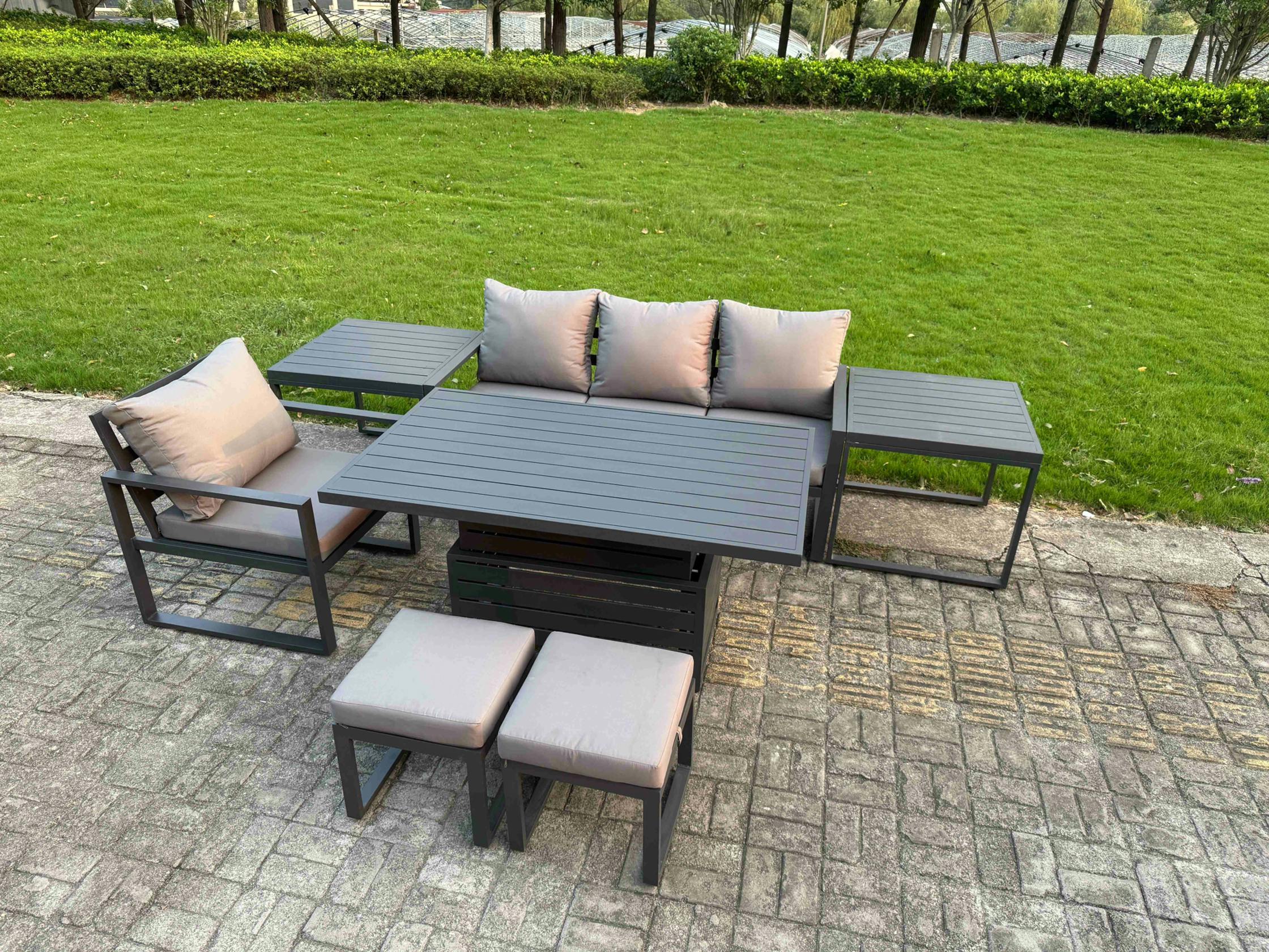 Fimous Dark/Grey 6 Seater Aluminium Outdoor Furniture Set With Adjustable Rising Dining Table Chairs With 2 Footstools 2 Side Tables