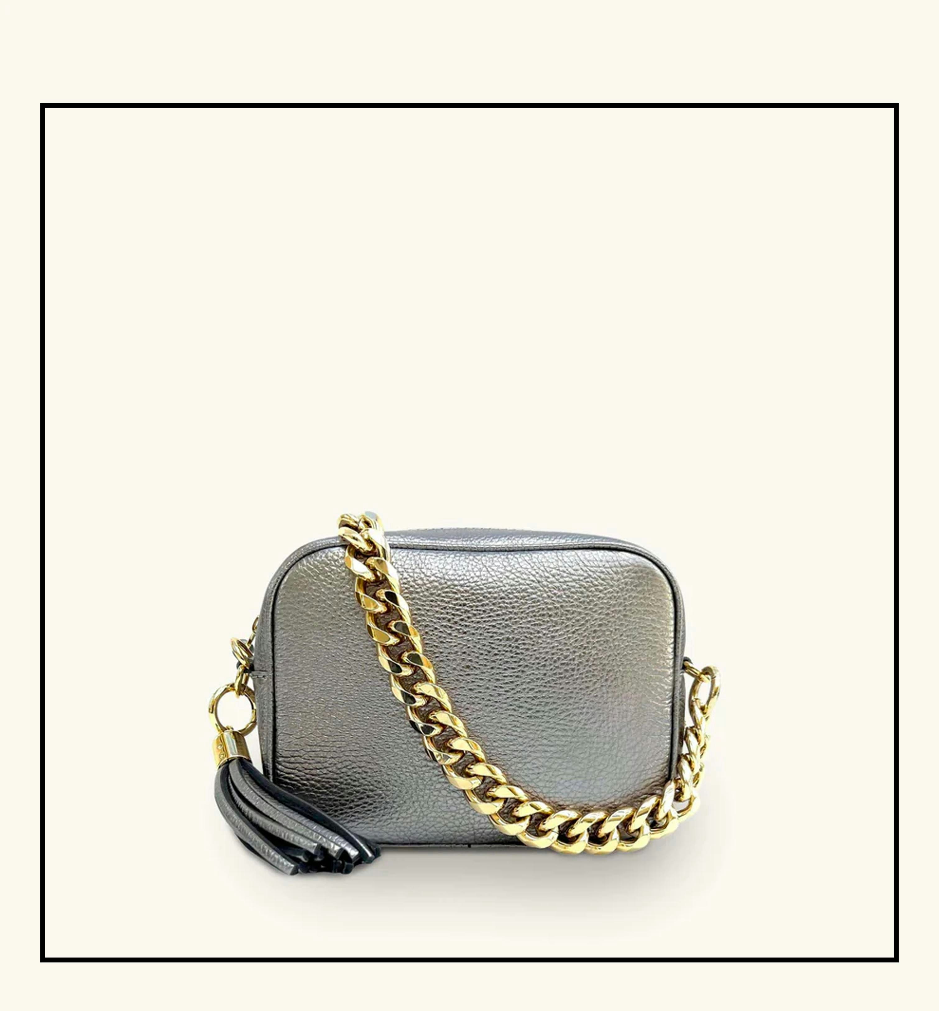 Apatchy London Gold The Tassel Pewter Leather Crossbody Bag With Chain Strap - Pewter 7Cm